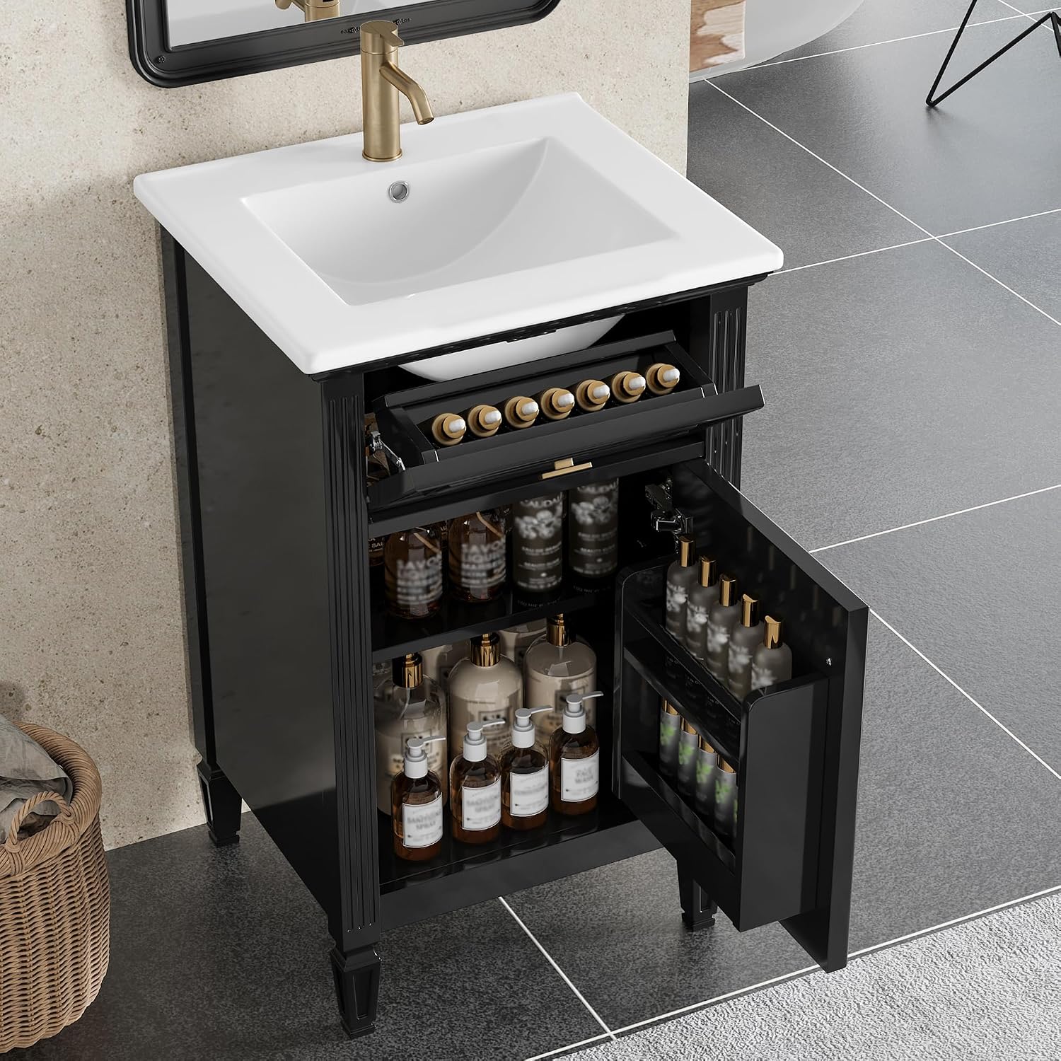 VilroCaz 20'' Bathroom Vanity with Sink, Freestanding Storage Cabinet with Tilt-Out Drawer, Adjustable Shelf and Solid Wood Legs for Small Bathroom (Black-4.10)