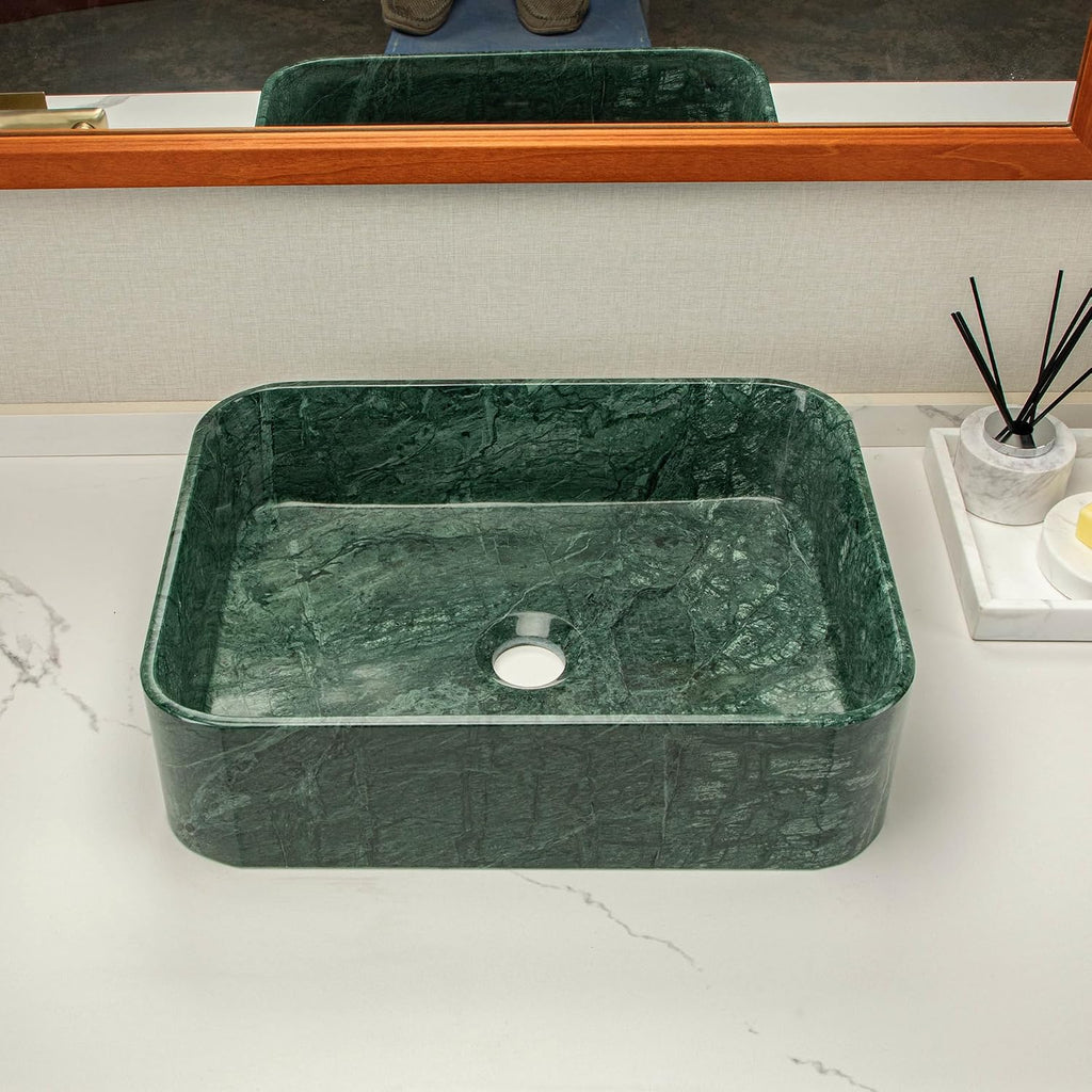 Green Square Stone Sink, Bathroom Vessel Sink, made of natural marble with irregular green veining, creates a luxurious and sophisticated bathroom vanity or countertop.