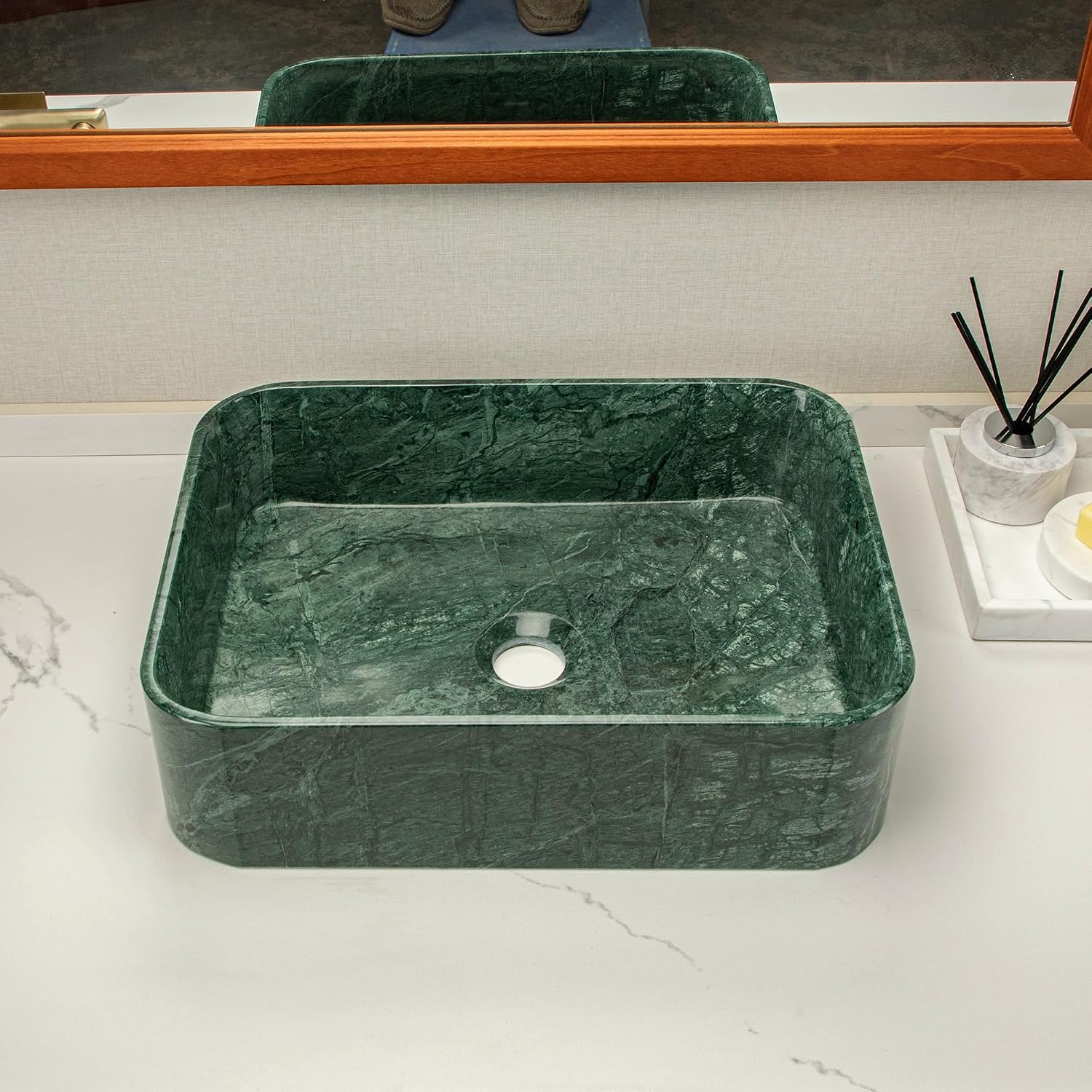 Green Square Stone Sink, Bathroom Vessel Sink, made of natural marble with irregular green veining, creates a luxurious and sophisticated bathroom vanity or countertop.