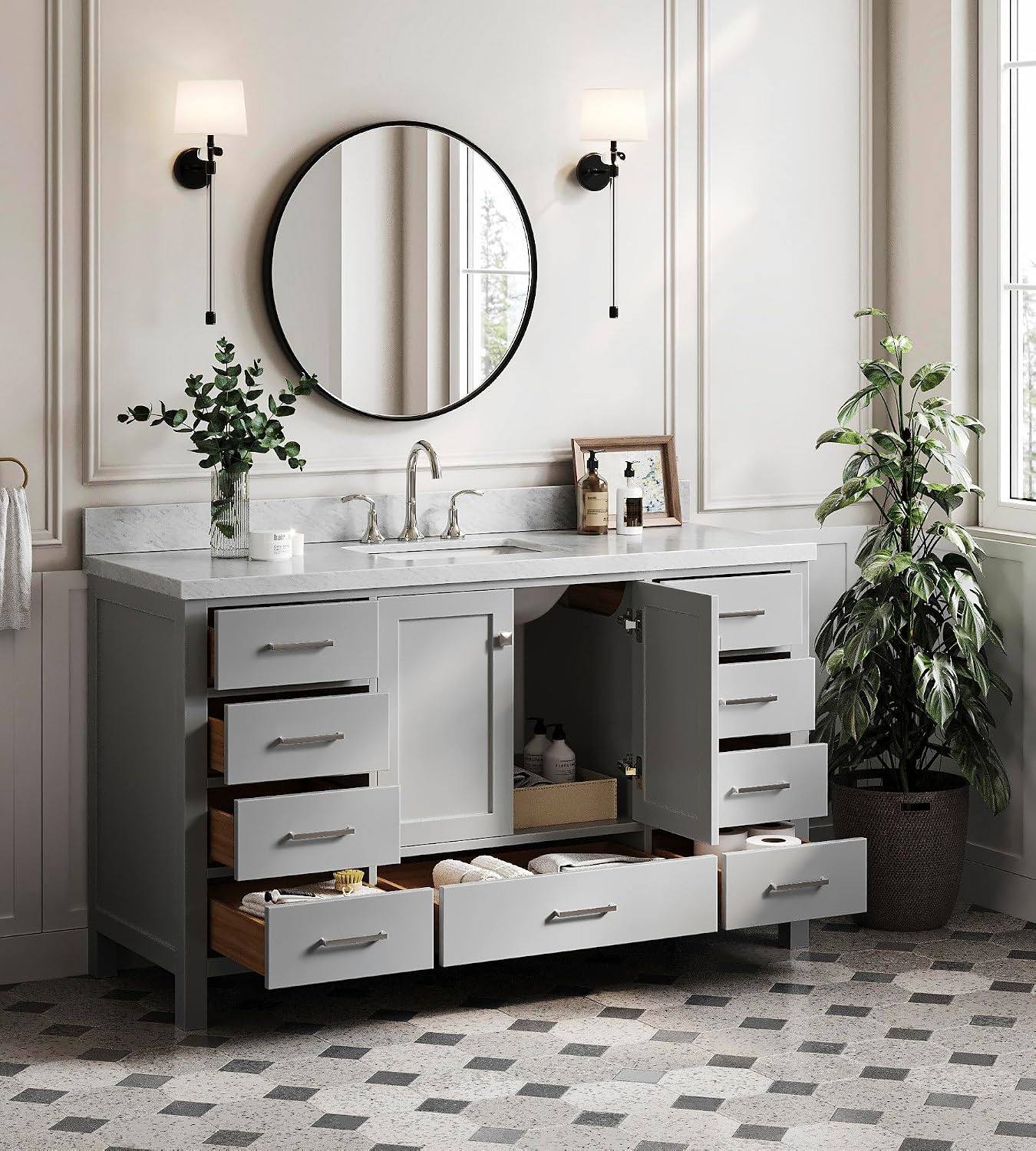 ARIEL Cambridge 60-inch Bathroom Vanity with Sink,Solid Wood, 1.5-inch Italian Carrara Marble Countertop, Single Rectangular Porcelain Sink, 2 Soft Closing Doors, 9 Dovetail Drawers, Grey