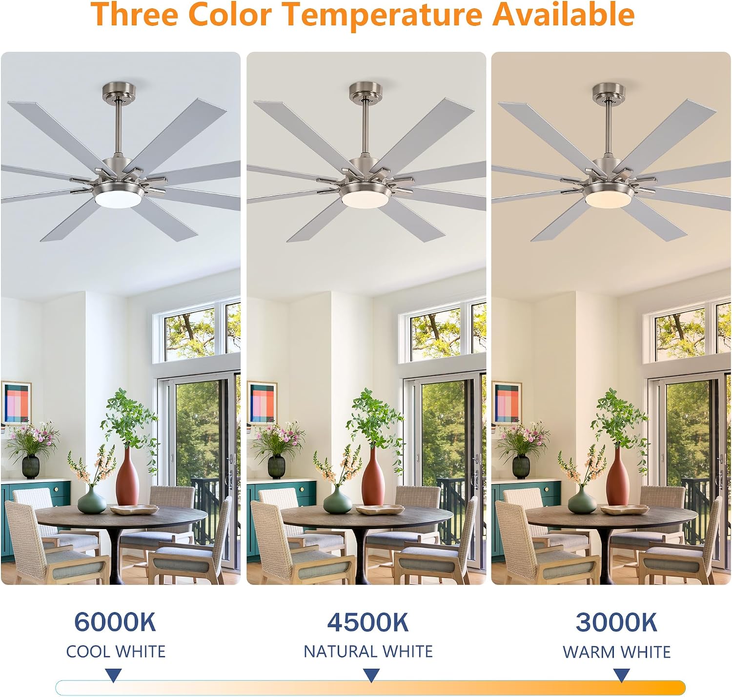 72 Inch Large Size With Light Kit & Remote Control 8 PCS Blades Ceiling Fan 3 Color Dimmable Led Dc Motor Reversible 6 Speed Quiet Remote Control Ceiling Fan For Living Room Bedroom Indoor Nickel