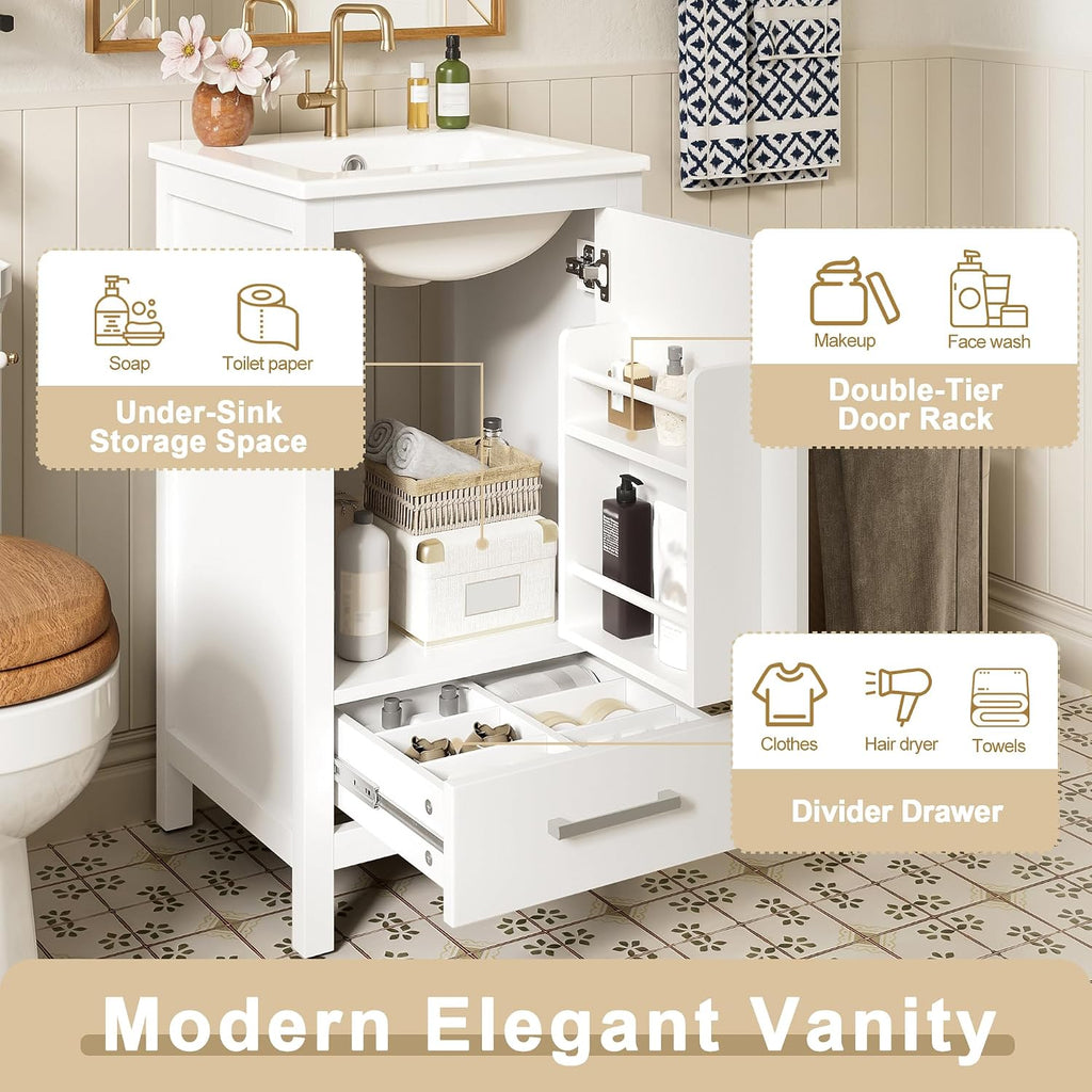 VilroCaz Modern 18'' Bathroom Vanity with Top Sink, Freestanding Bathroom Storage Cabinet with Door and Divider Drawer, Single Sink Cabinet with Adjustable Plastic Foot Pads (White+1 Drawer)