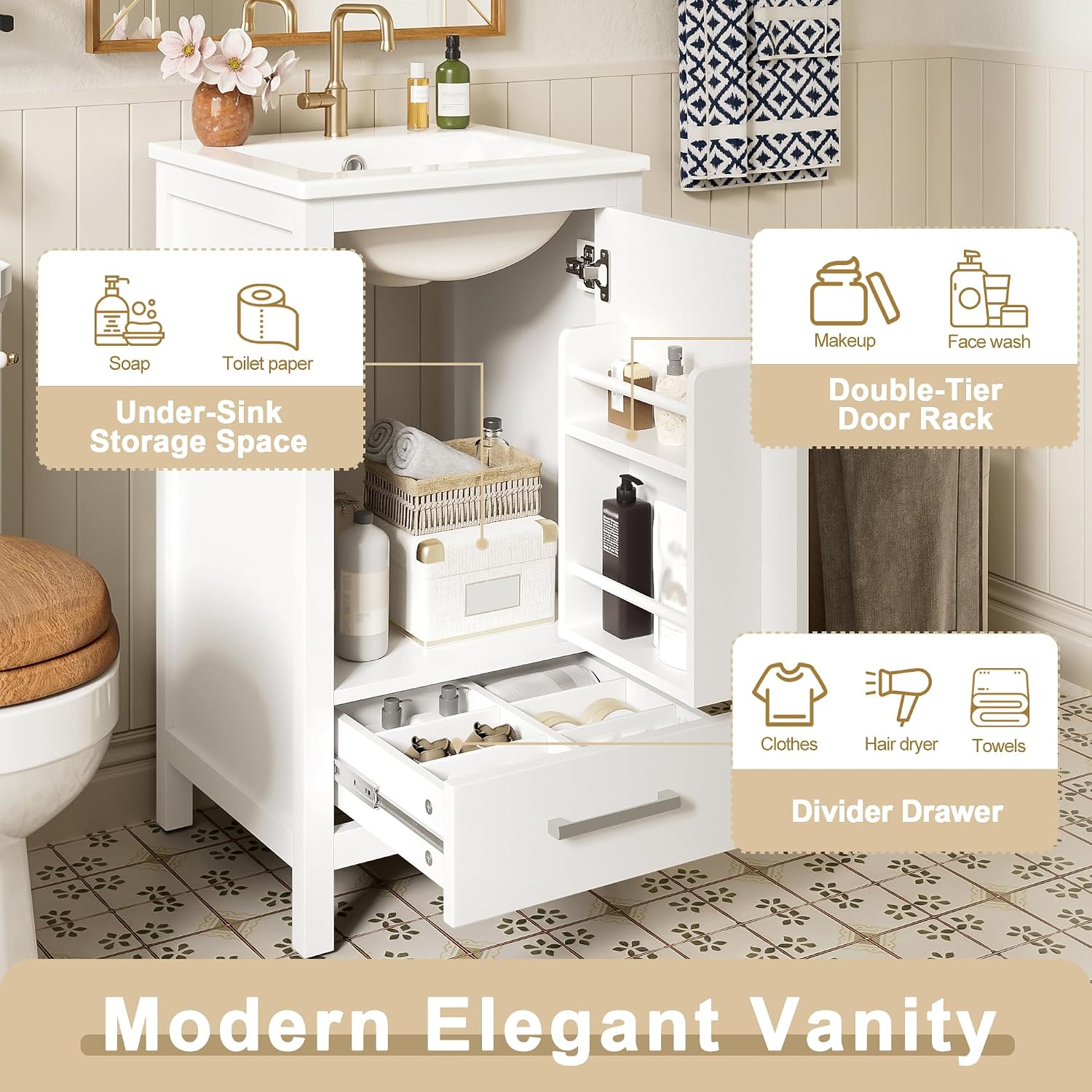 VilroCaz Modern 18'' Bathroom Vanity with Top Sink, Freestanding Bathroom Storage Cabinet with Door and Divider Drawer, Single Sink Cabinet with Adjustable Plastic Foot Pads (White+1 Drawer)