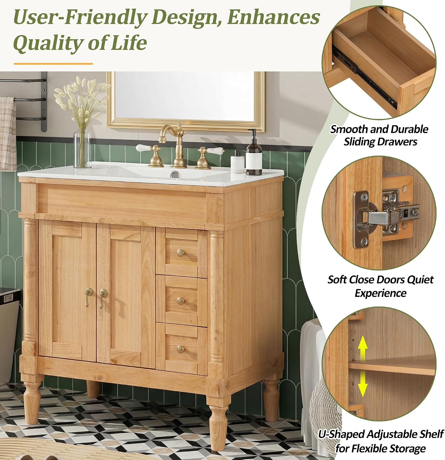 Merax 30' Bathroom Vanity with Sink, 4 Solid Legs, 3 Drawers 2 Doors, Modern Freestanding Wooden Bathroom Cabinet with Undermount Upgraded Ceramic Sink, Quick Assembly, Nature Wood