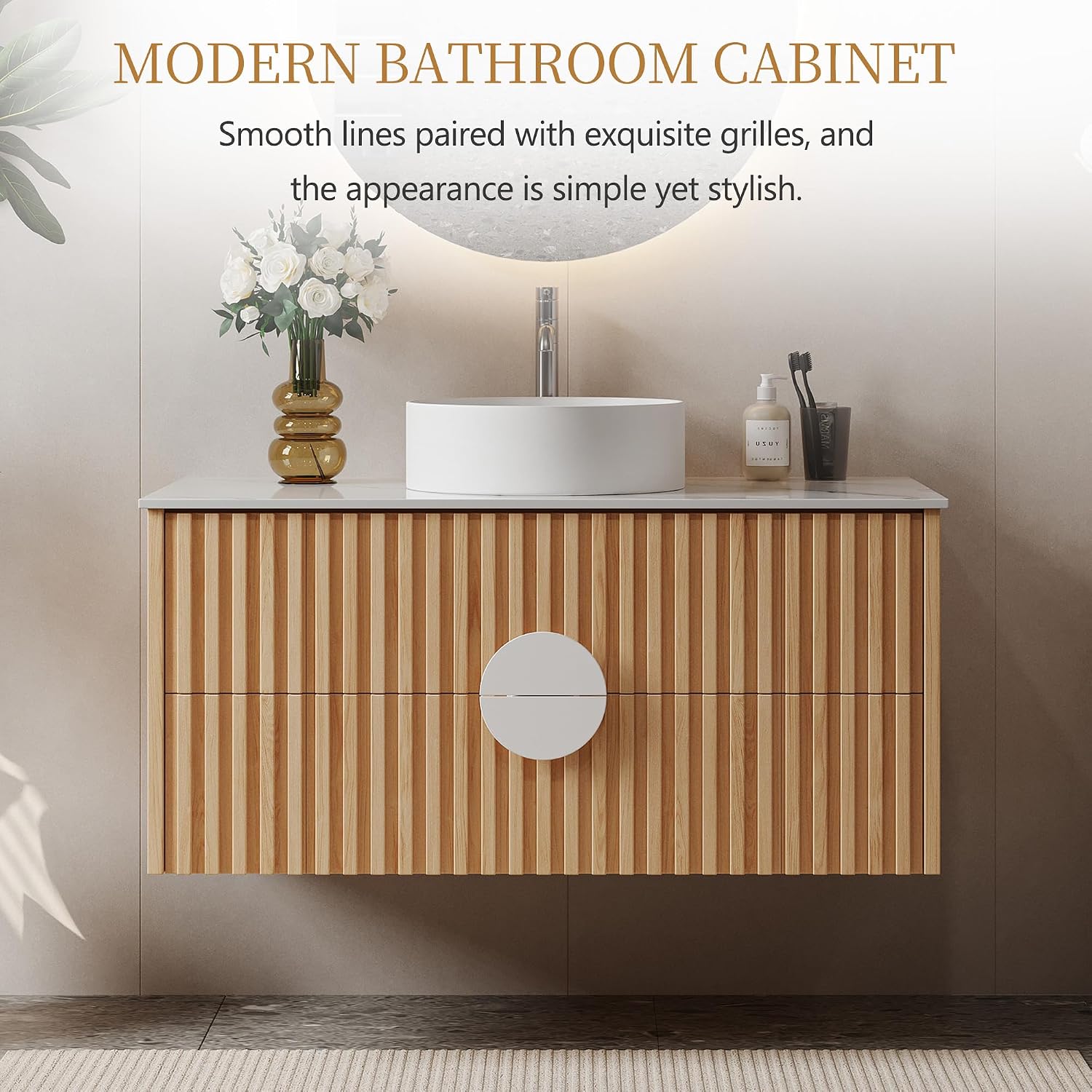 36' Floating Bathroom Vanity with Sink, Modern Wall Mounted Vanity Bathroom Storage Cabinet with Fluted Drawers, White Sintered Stone Top Ceramic Basin, Light Wood