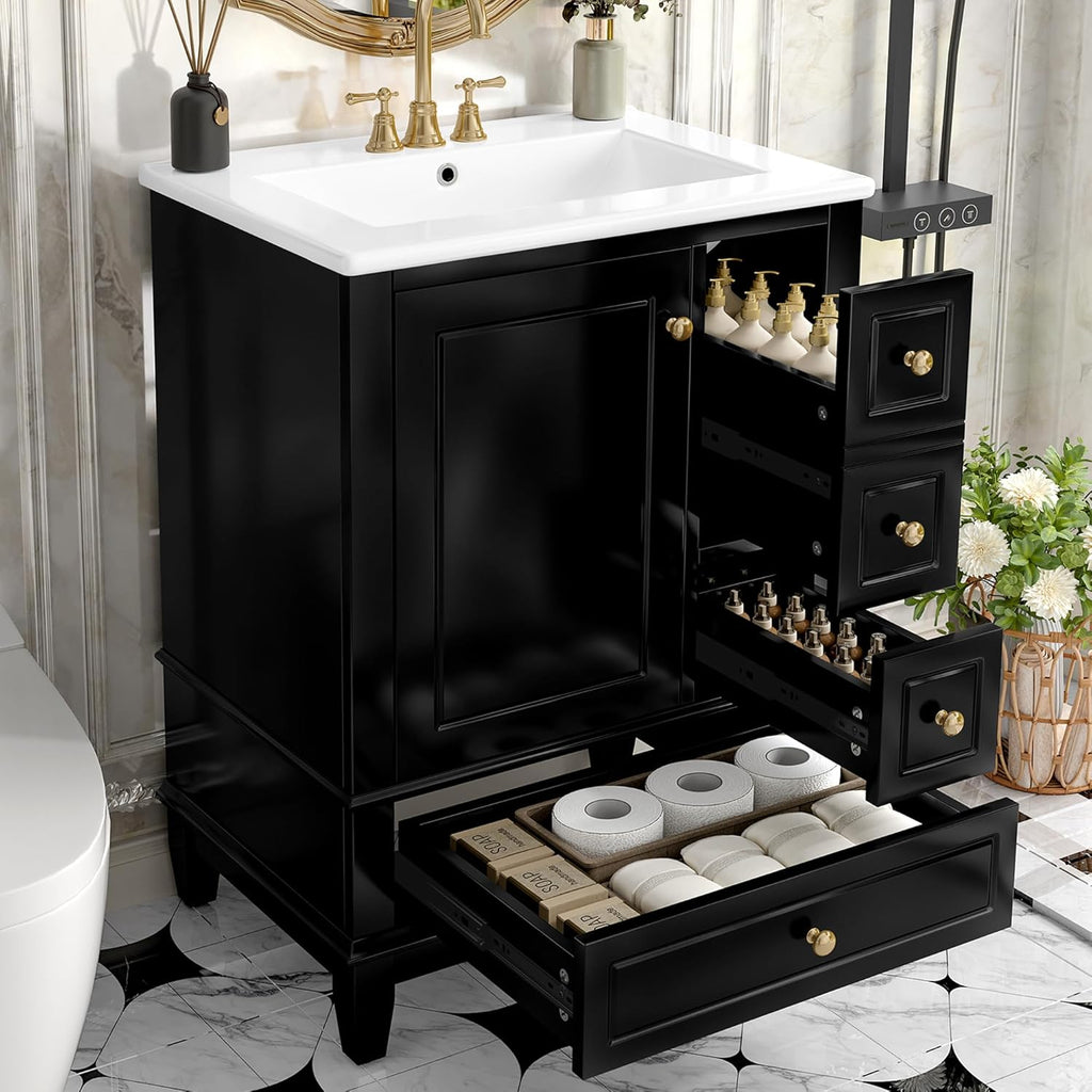 24' Modern Freestanding Bathroom Vanity with Ceramic Sink Top, 3 Drawers & Storage Shelves - MDF & Solid Wood Base