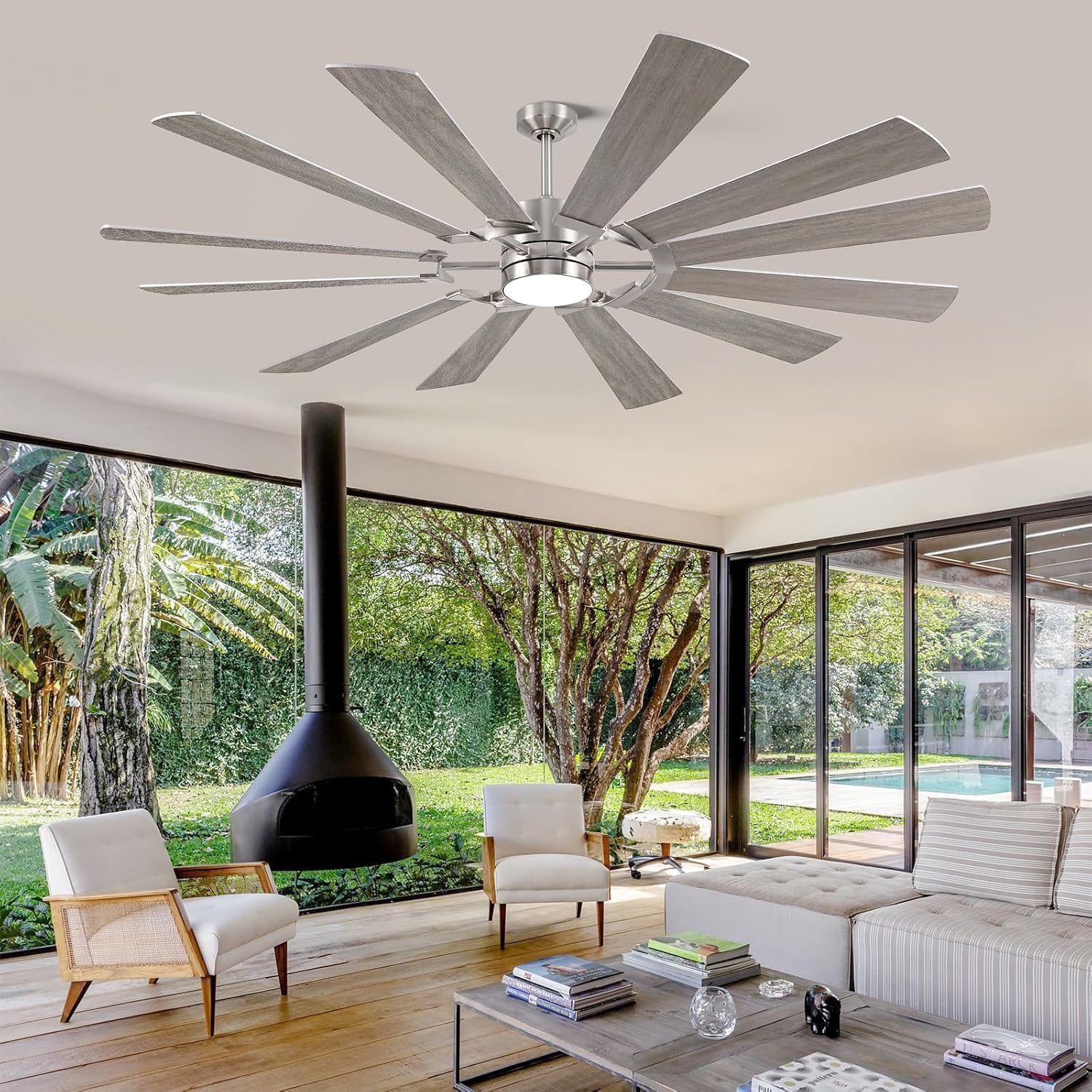 62 Inch Outdoor Ceiling Fan with Light Remote, Modern Large Ceiling Fan with Light, Large Airflow Industrial DC Cieling Fan with 12 Blade, Damp-Rated Outdoor Ceiling Fans for Patios Porch Farmhouse