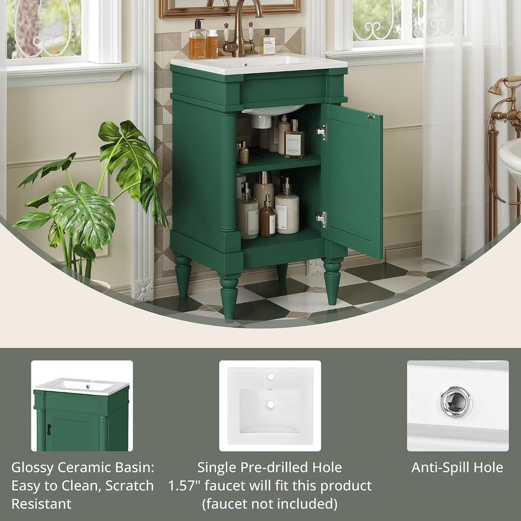 VilroCaz Modern 18'' Bathroom Vanity with Top Sink, Freestanding Bathroom Storage Cabinet with Door and Adjustable Shelf, Single Sink Cabinet with Nordic Style Legs (Green-Retro)