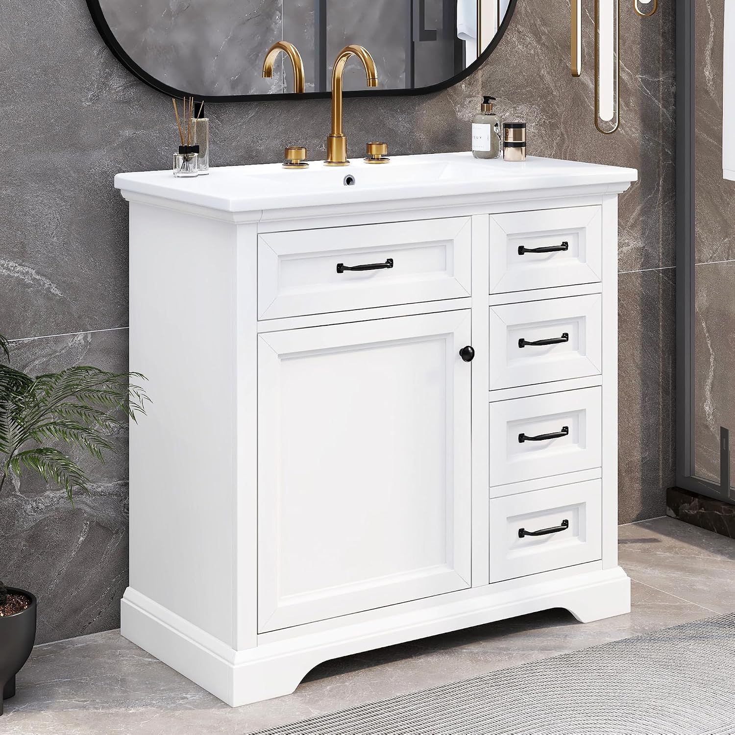 Mirightone 36' Vanity with Sink, Bathroom Vanities 36 inch with Sink, Single Sink Bathroom Vanity, 36 Restroom Vanity with Top, Includeing 2 Tip-Out Drawers and Soft Close Door Hinges (White)