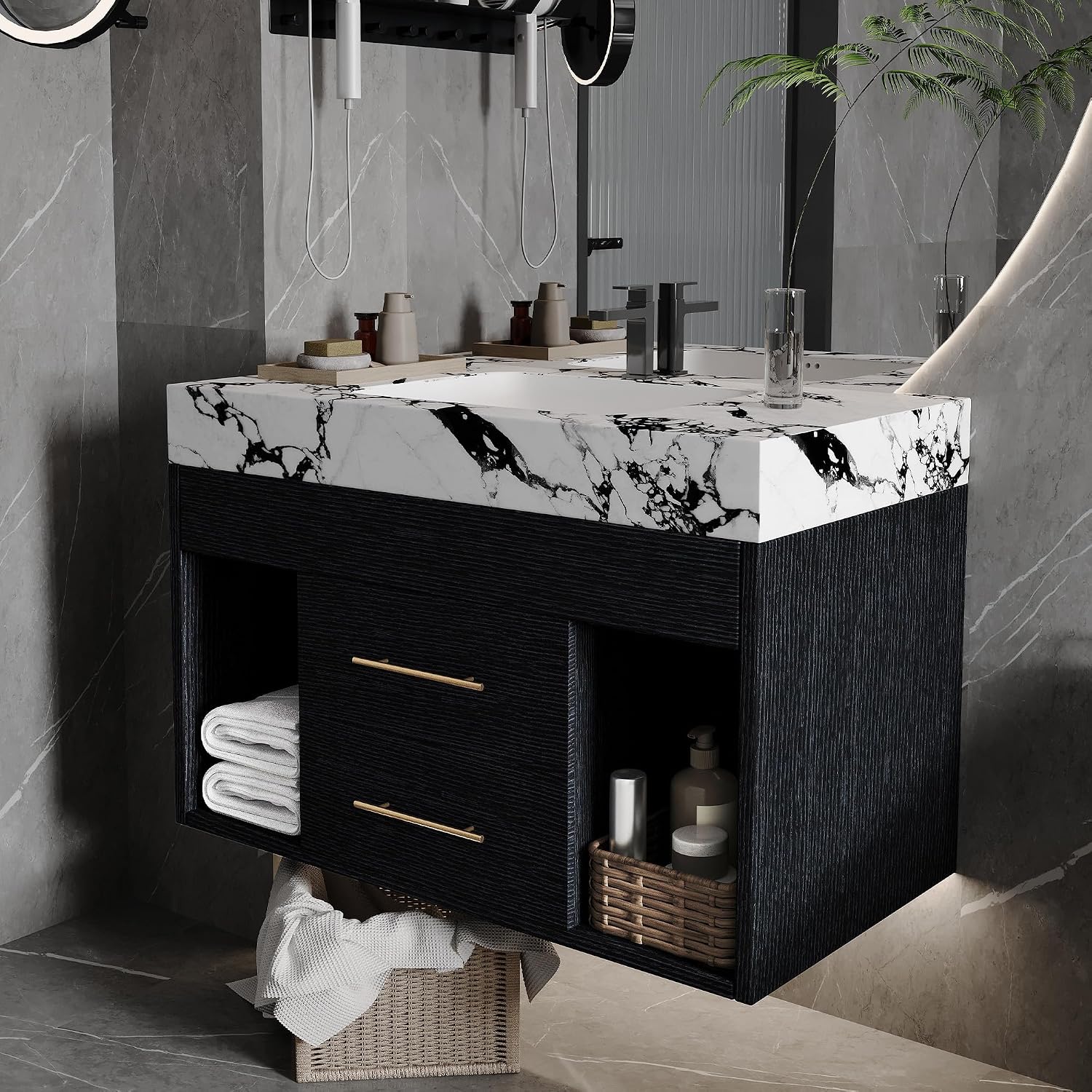 30' Bathroom Vanity with Sink Set, Modern Black Wall Mounted Bathroom Vanity Cabinet with Sintered Stone Top&Gold Handle 2 Drawers&2 Open Storage, Single Sink Floating Bathroom Vanity