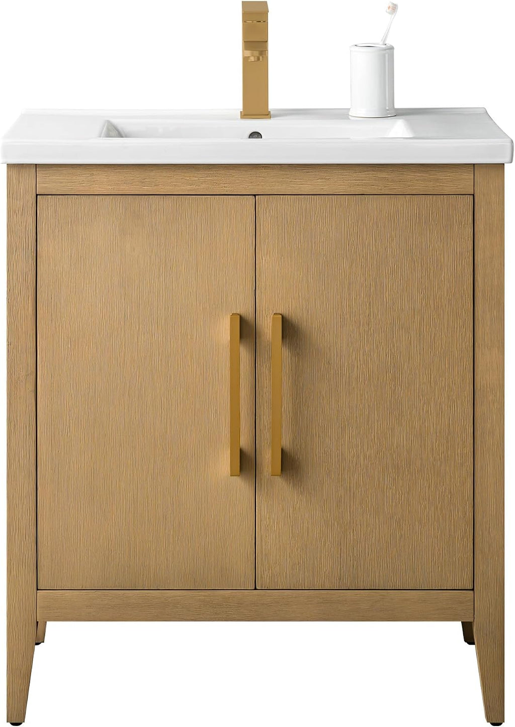 HOMEBEYOND 30 Inch Bathroom Vanities with Sink & Ceramic Top, Single Vanity Cabinet with Basin, Solid Wood Frame, Soft-Closing Doors & Golden Brushed Hardware, Natural Oak