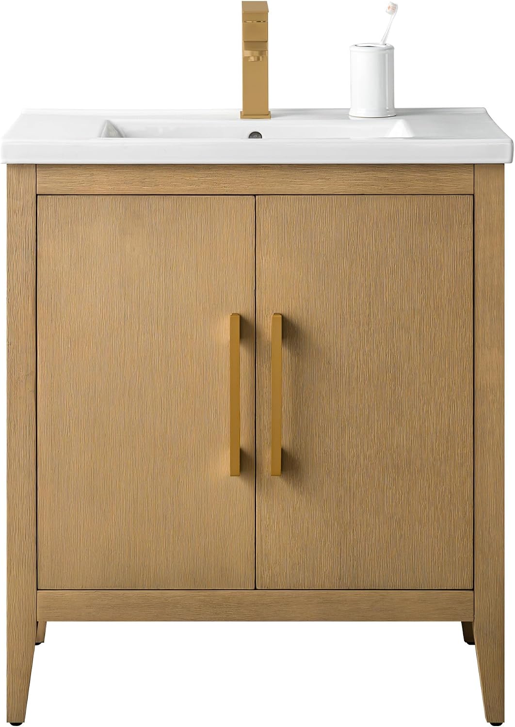 HOMEBEYOND 30 Inch Bathroom Vanities with Sink & Ceramic Top, Single Vanity Cabinet with Basin, Solid Wood Frame, Soft-Closing Doors & Golden Brushed Hardware, Natural Oak
