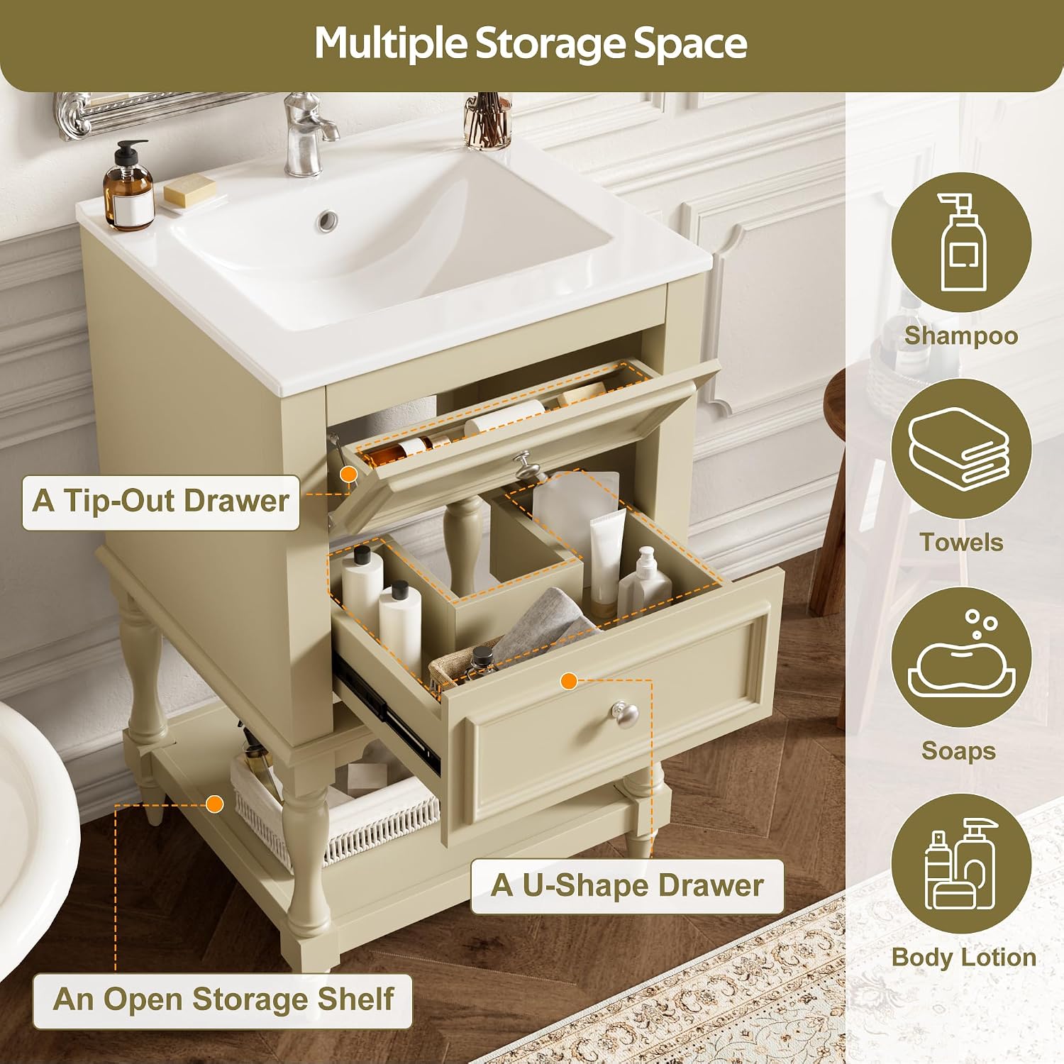 Merax Country 20' Bathroom Vanity with Sink, Farmhouse Bathroom Vanity Storage Cabinet with 2 Drawers and Open Shelf, Solid Wood Frame Bath Storage Vanity