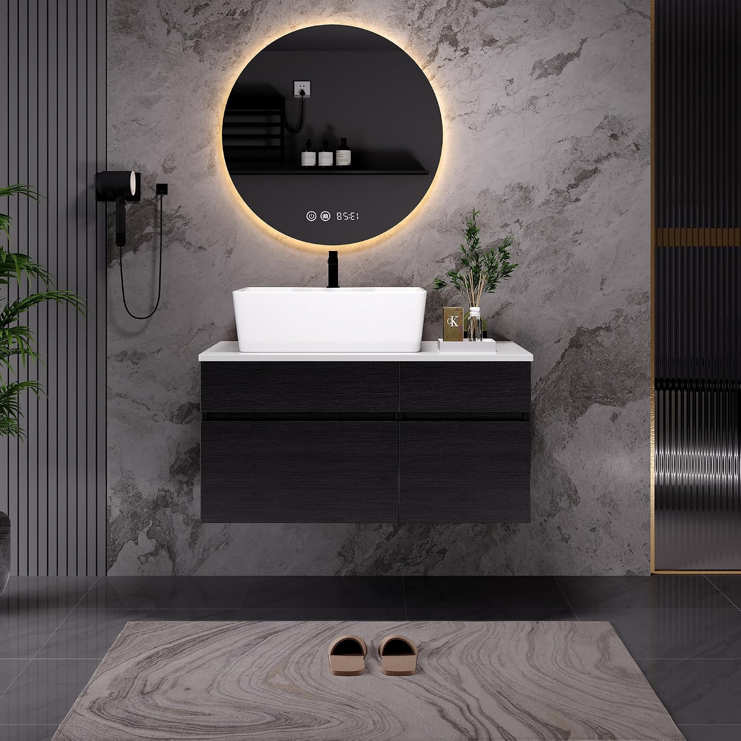32 inch Bathroom Vanity with Counter Top Ceramic Sink Modern Floating Bathroom Vanities with 1 Drawers and 2 Storage Cabinets, 32' Wall Mounted Bathroom Vanity Wood Cabinet with Sink, Black
