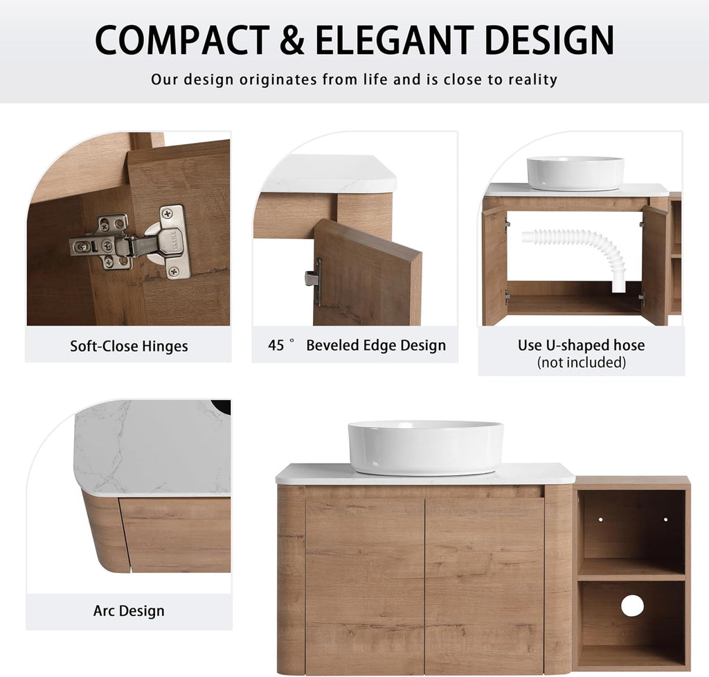 42' Bathroom Vanity with Sink, 42 Inch Floating Vanity with Ceramic Sink, Single Sink Wall Mounted Vanity Combo, Modern Brown Bathroom Vanity Set with 2 Soft Close Door and 1 Storage Shelf