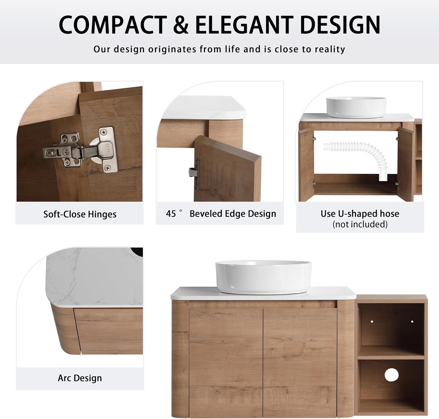 42' Bathroom Vanity with Sink, 42 Inch Floating Vanity with Ceramic Sink, Single Sink Wall Mounted Vanity Combo, Modern Brown Bathroom Vanity Set with 2 Soft Close Door and 1 Storage Shelf