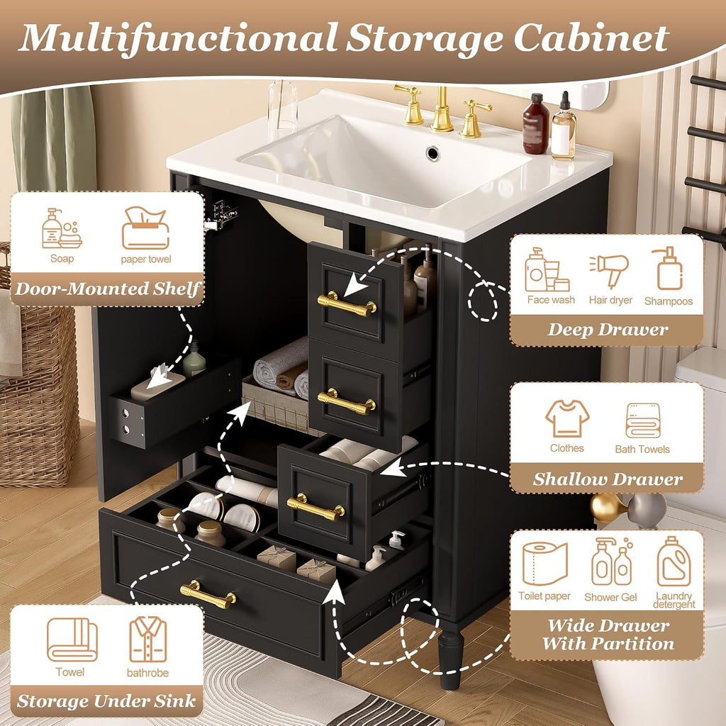 Harper & Bright Designs 24' Bathroom Vanity with Sink, Free-Standing Vanity Set with 3 Drawers in Different Sizes, Door-Mounted Rack, Wood Bathroom Cabinet with Ceramic Basin for Bathroom, Black