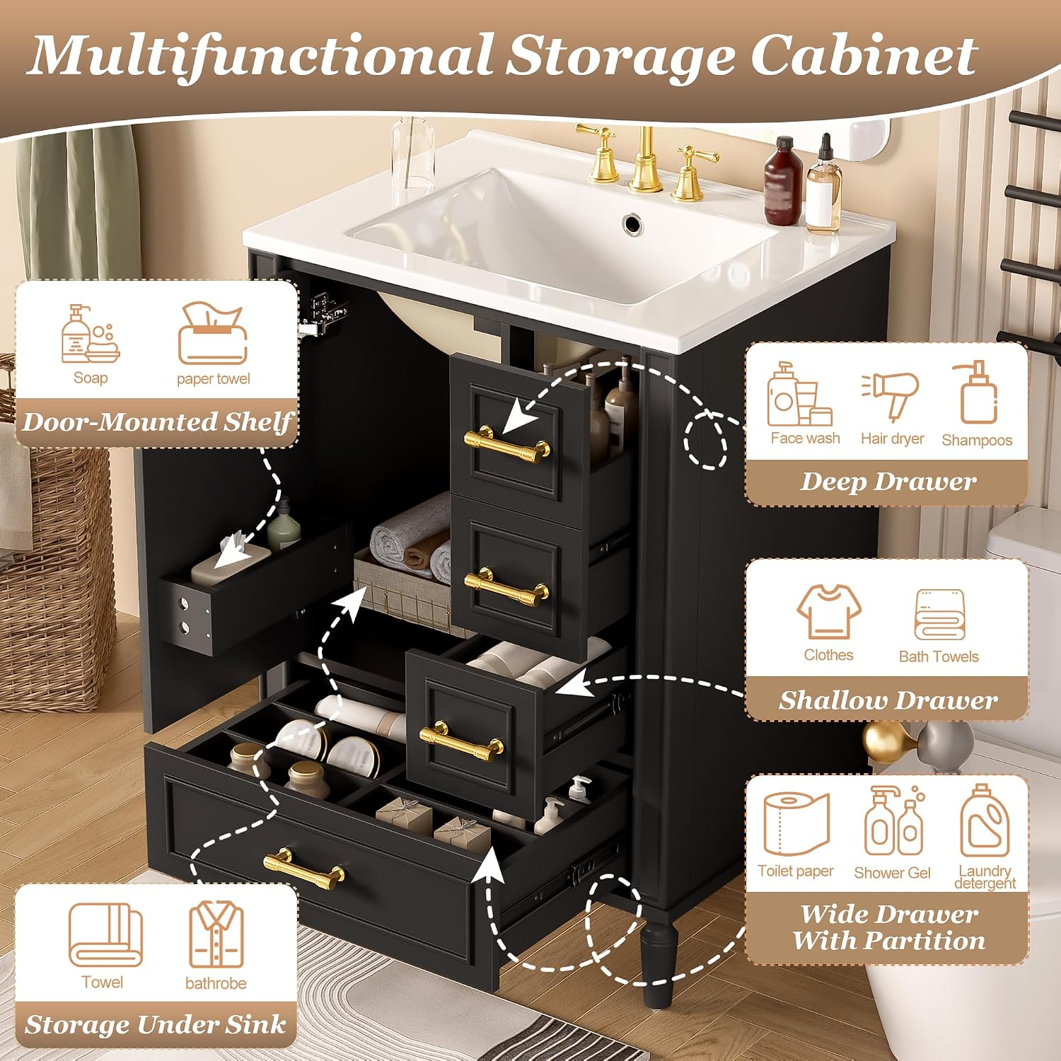 Harper & Bright Designs 24' Bathroom Vanity with Sink, Free-Standing Vanity Set with 3 Drawers in Different Sizes, Door-Mounted Rack, Wood Bathroom Cabinet with Ceramic Basin for Bathroom, Black