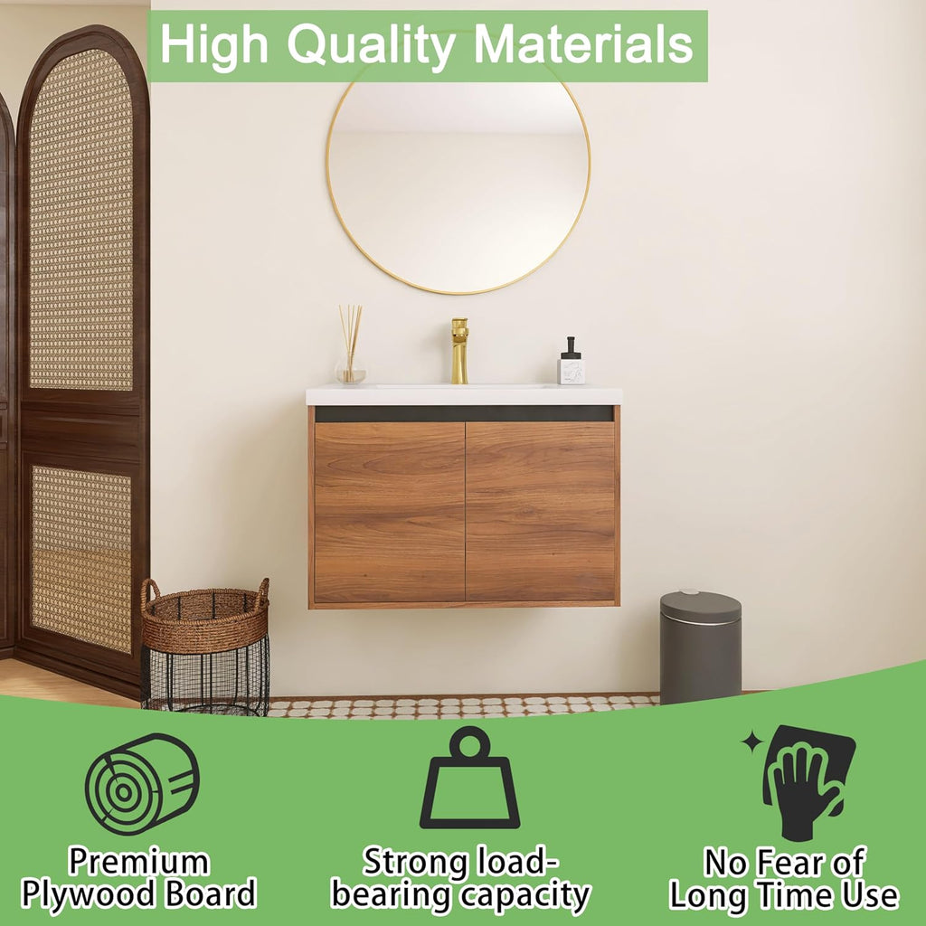 30 inch Bathroom Vanity with Sink, Wall-Mounted Floating Vanity with 2 Soft-Close Doors, Easy Assembly, Engineered Wood in Elegant Brown, Modern Style for Bathroom