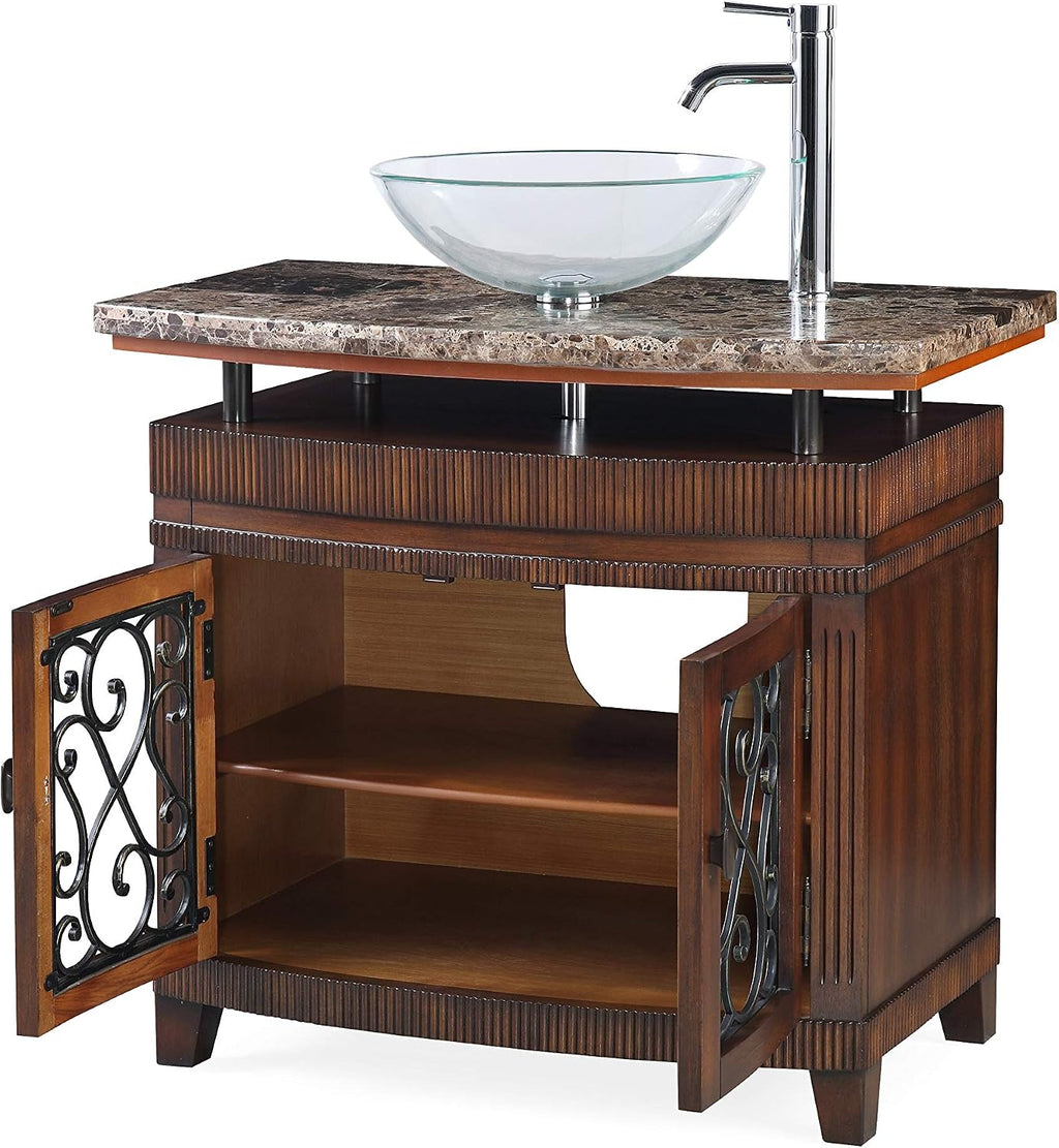 36 Inch Artturi Bathroom Vanity, Traditional Classic Style, Vessel Sink Design, Natural Stone Top with Clear Glass Bowl, Single Sink, 2 Cabinet Doors