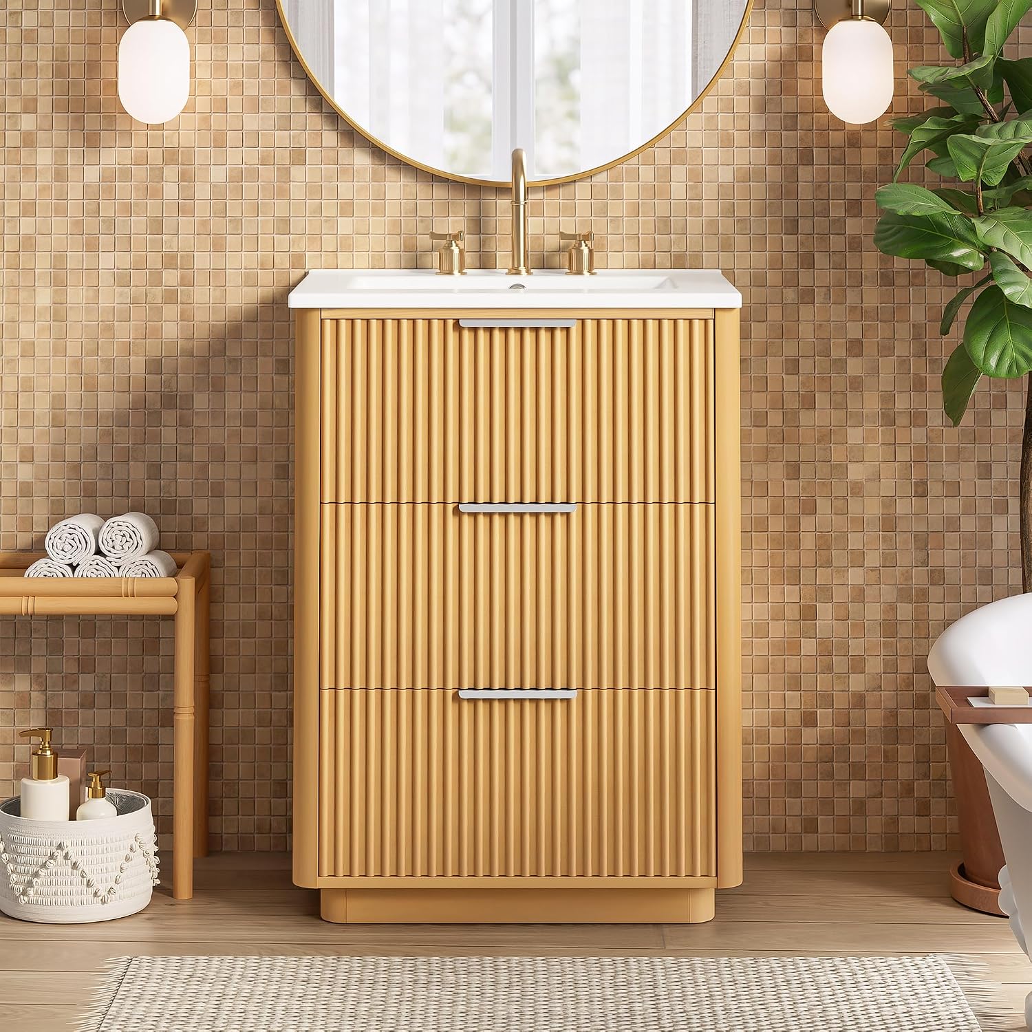 VilroCaz Modern Luxury 24'' Bathroom Vanity with Ceramic Sink, Wood Freestanding Bathroom Storage Cabinet with 3 Drawers, Single Sink Cabinet