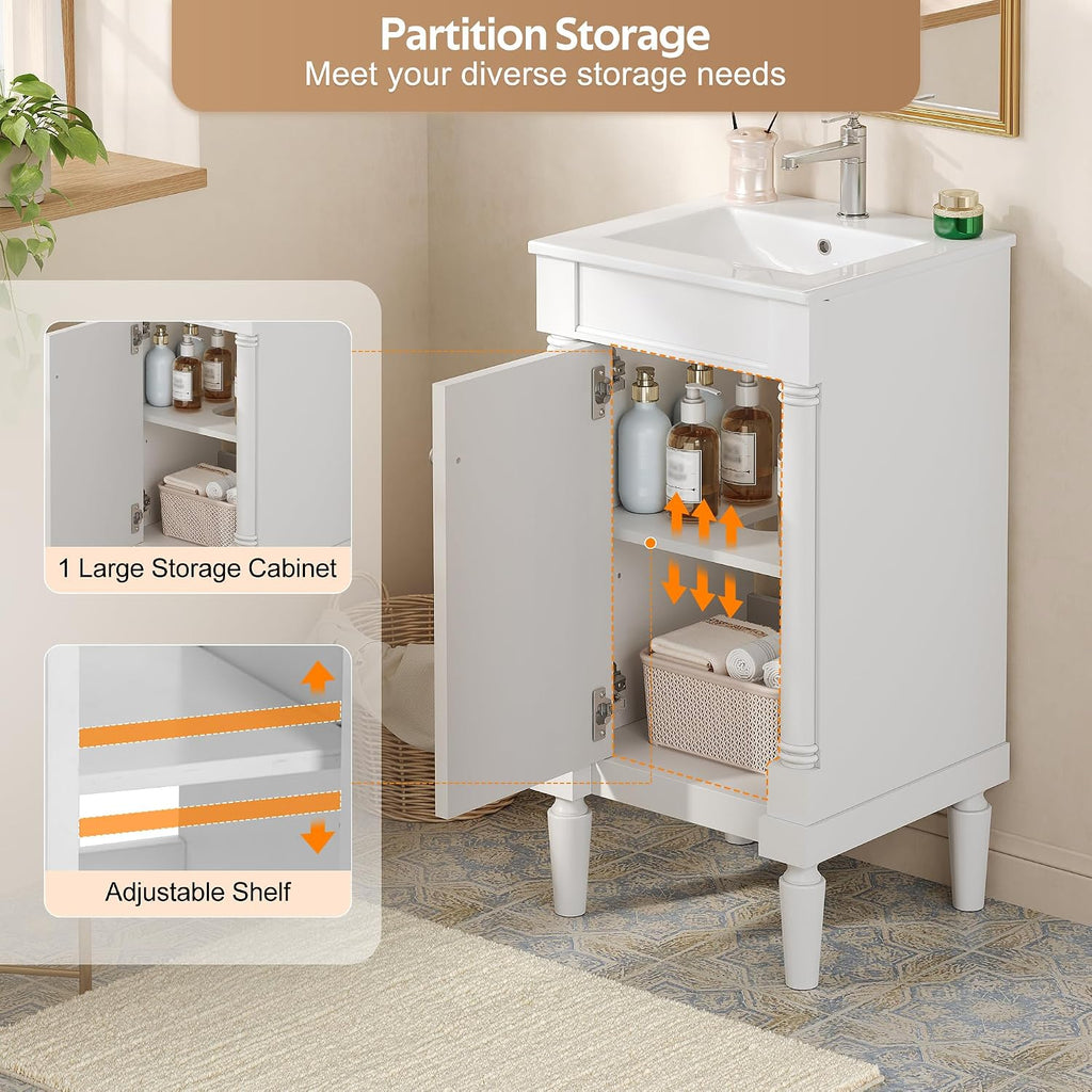 VilroCaz Modern 18'' Bathroom Vanity with Top Sink, Freestanding Bathroom Storage Cabinet with Door and Adjustable Shelf, Single Sink Cabinet with Nordic Style Legs (White-Right-Open)