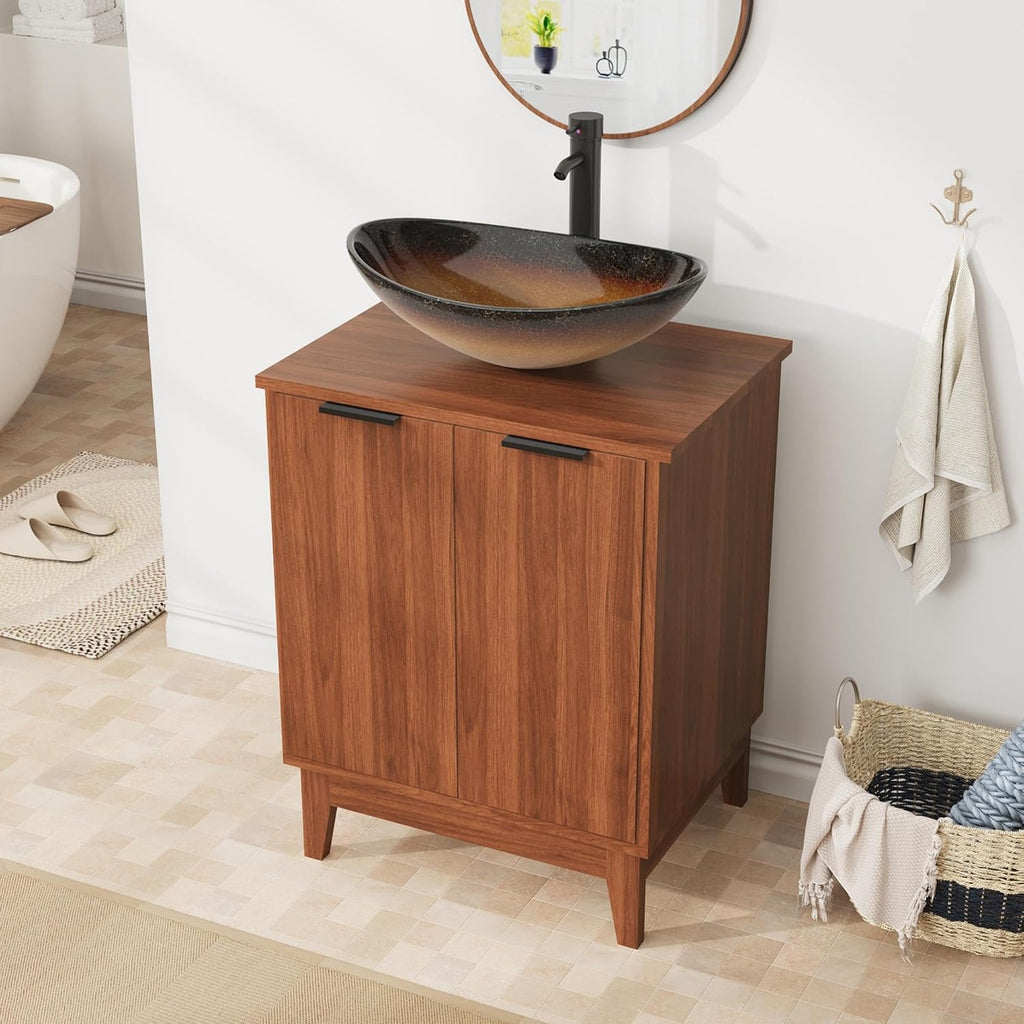 EROMMY 24 Inch Bathroom Vanity with Sink Combo, Bathroom Vanity with 2 Doors, Rustic Freestanding Bathroom Cabinet with Adjustable Shelf & Boat Glass Vessel Sink, Includes Water Tap & Sink Accessories