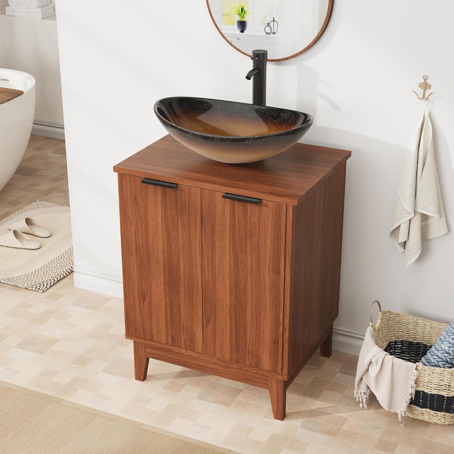EROMMY 24 Inch Bathroom Vanity with Sink Combo, Bathroom Vanity with 2 Doors, Rustic Freestanding Bathroom Cabinet with Adjustable Shelf & Boat Glass Vessel Sink, Includes Water Tap & Sink Accessories