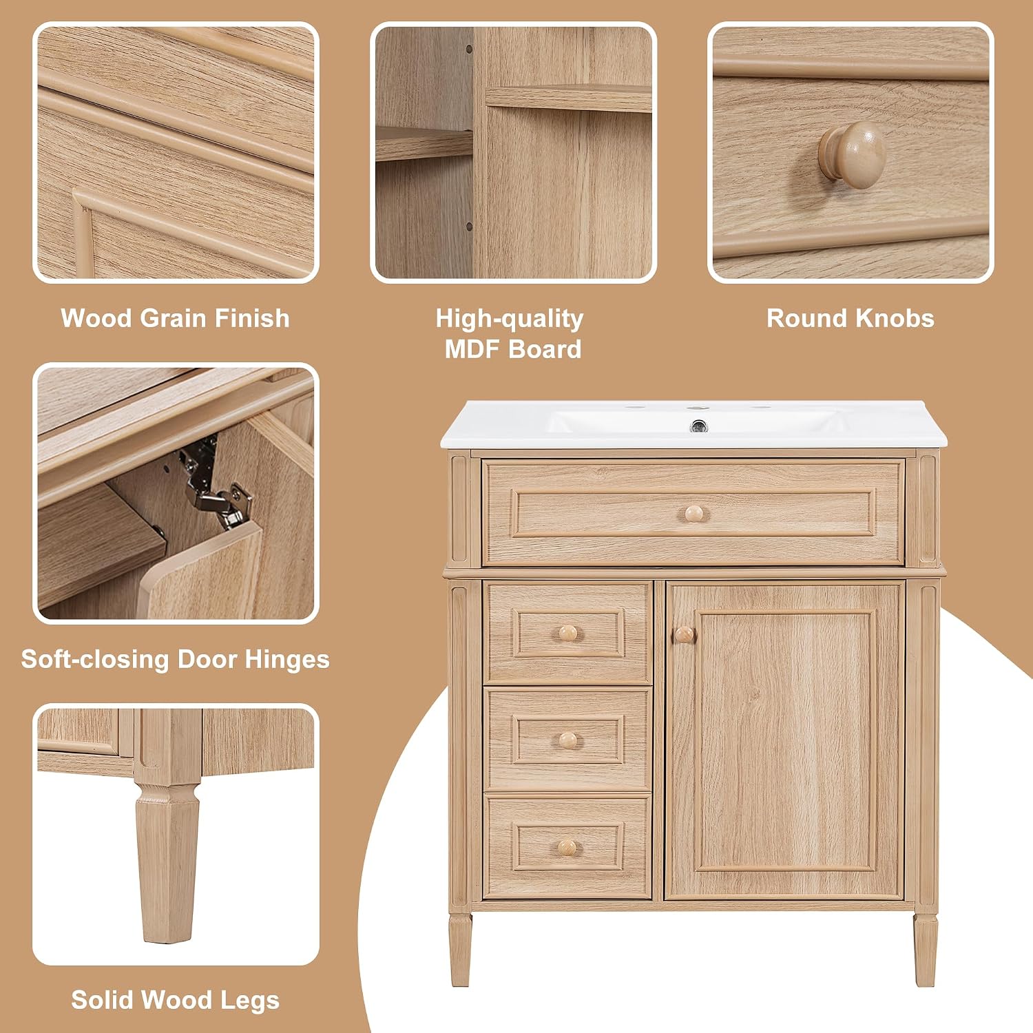 Bathroom Vanity with Sink 30 Inch, Tip-Out Drawer and Door Rack, Adjustable Shelf, Soft-Closing System, Solid Wood Legs, Light Wood