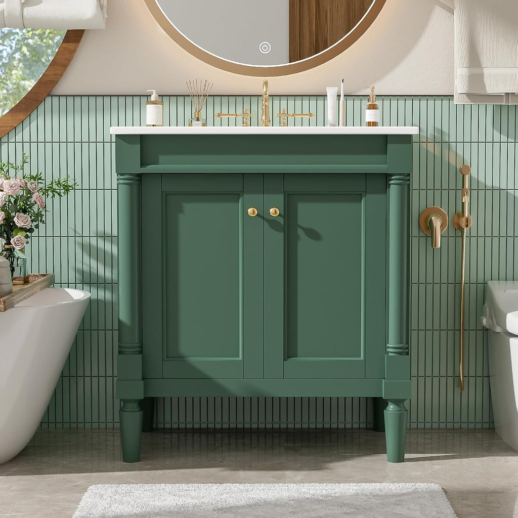 30' Vintage Bathroom Vanity with Sink & Countertop Mid-Century Retro Bathroom Vanity with 2 Soft-Close Doors Freestanding Bathroom Storage Cabinet with Roman Column Base & Metal Handles,Green