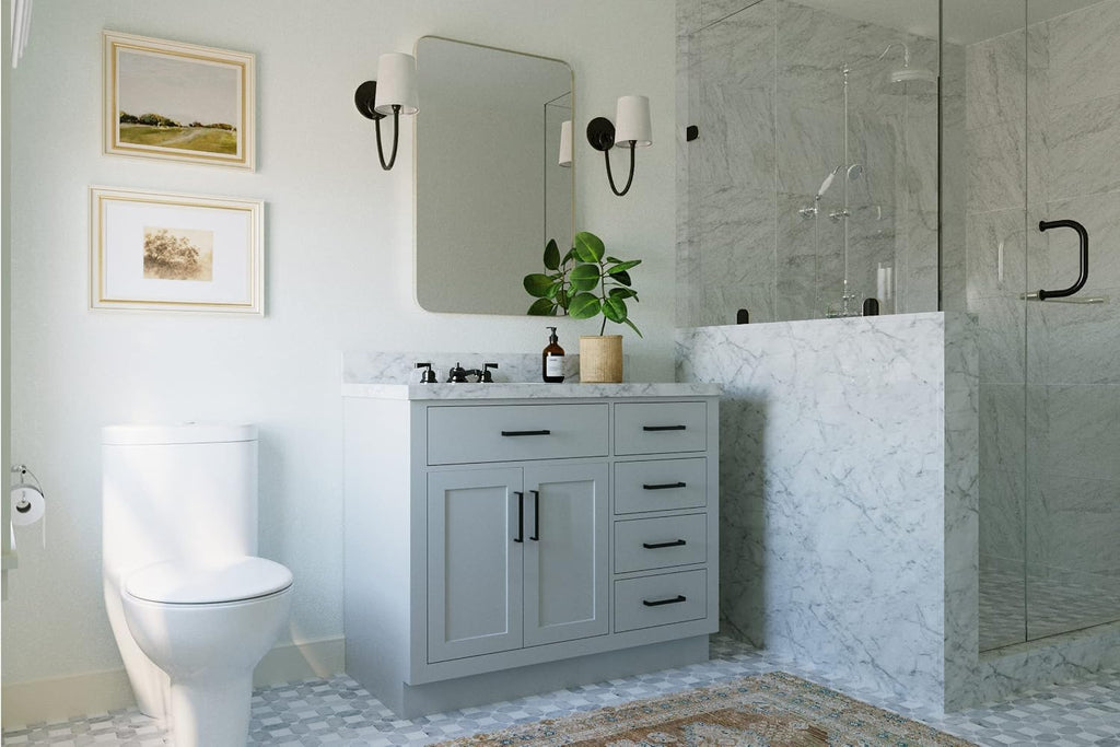 ARIEL 42' Gray Single Bathroom Vanity with Sink, 1.5' Edge Italian Carrara Marble Top, Solid Wood Frame, Rectangular Undermount Sink, 2 Soft Closing Doors, 9 Dovetail Drawers