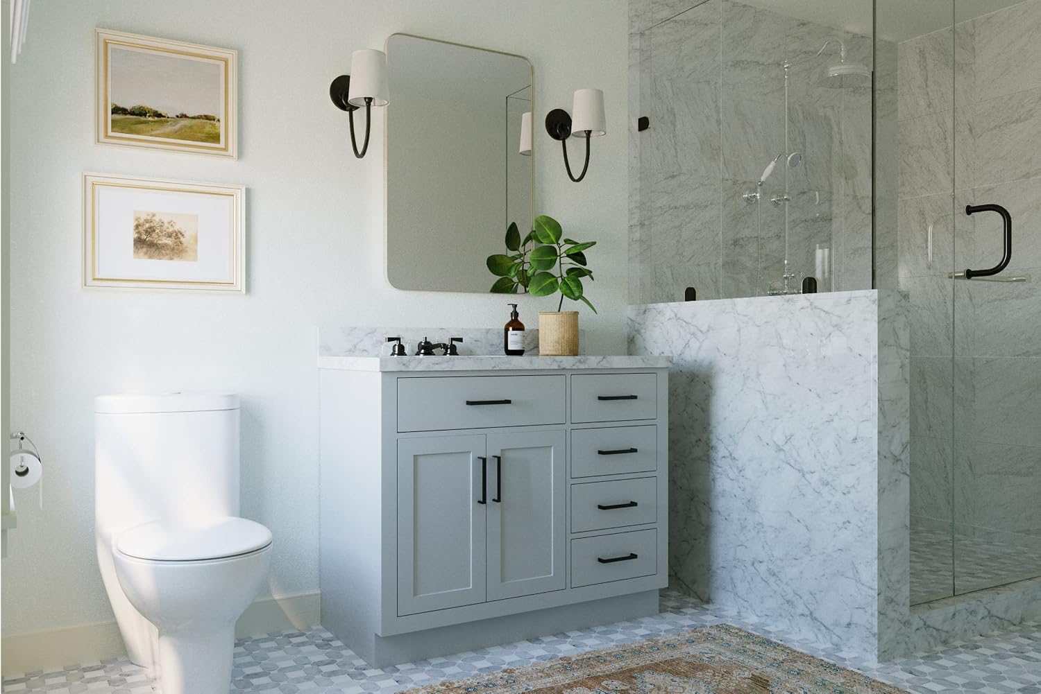 ARIEL 42' Gray Single Bathroom Vanity with Sink, 1.5' Edge Italian Carrara Marble Top, Solid Wood Frame, Rectangular Undermount Sink, 2 Soft Closing Doors, 9 Dovetail Drawers