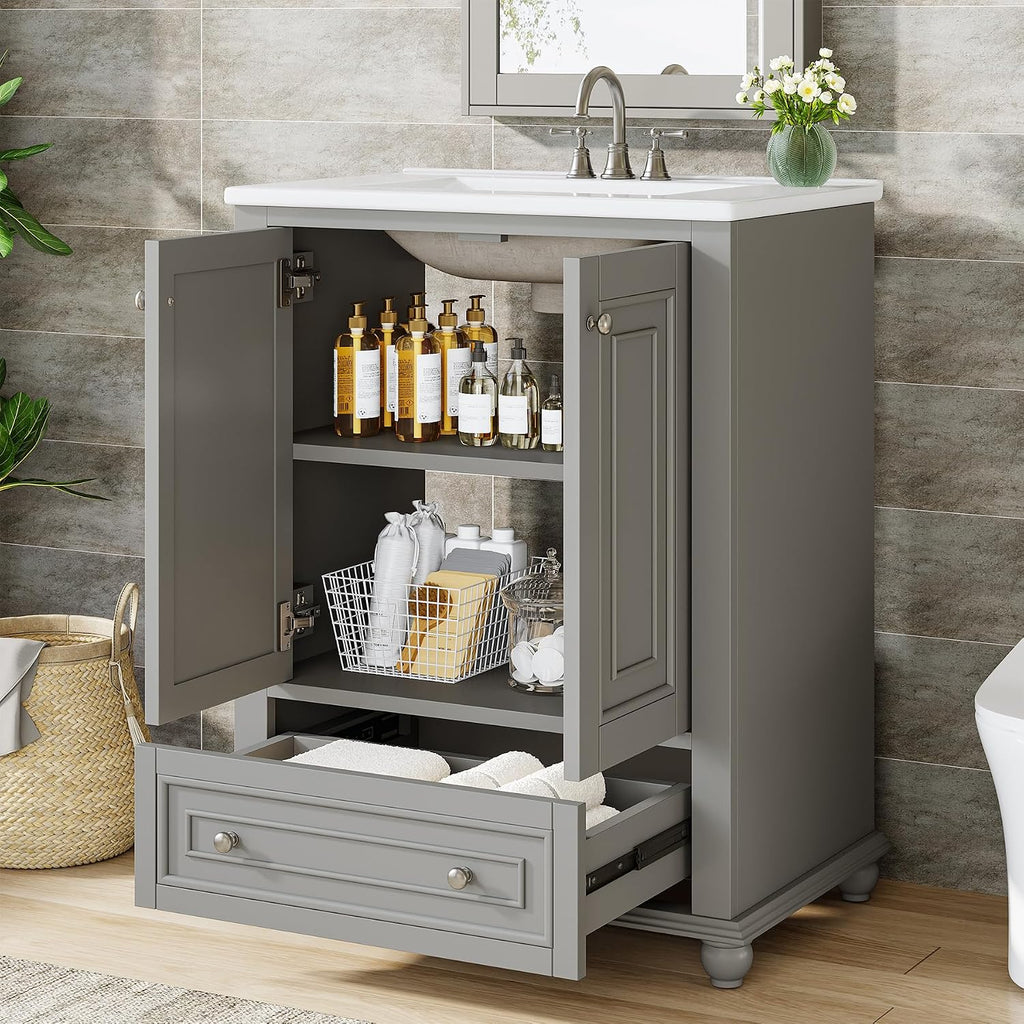 Tribesigns 24' Bathroom Vanity with Ceramic Sink Combo, Freestanding Bathroom vanities Storage Cabinet with 2 Doors & 1 Drawer, Solid Wooden Frame & Coated Surface, Metal Handle (Grey, 24 Inch)