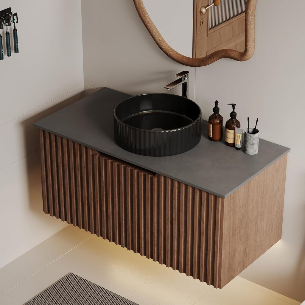 36' Floating Bathroom Vanity with Sink, Modern Wall Mounted Vanity Bathroom Storage Cabinet with Dark Gray Sintered Stone Top Black Ceramic Basin, Walnut