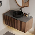 36' Floating Bathroom Vanity with Sink, Modern Wall Mounted Vanity Bathroom Storage Cabinet with Dark Gray Sintered Stone Top Black Ceramic Basin, Walnut