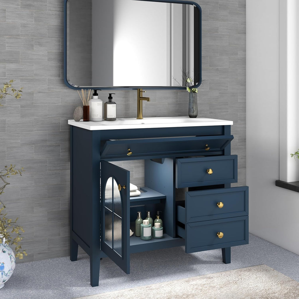 36 inch Bathroom Vanity with Sink, Mid Century Modern Freestanding Bathroom Cabinet with Ceramic Sink, 1 Flip Top Drawer, 2 Storage Drawers, Flower Patterned Glass Door, Adjustable Shelf, Blue