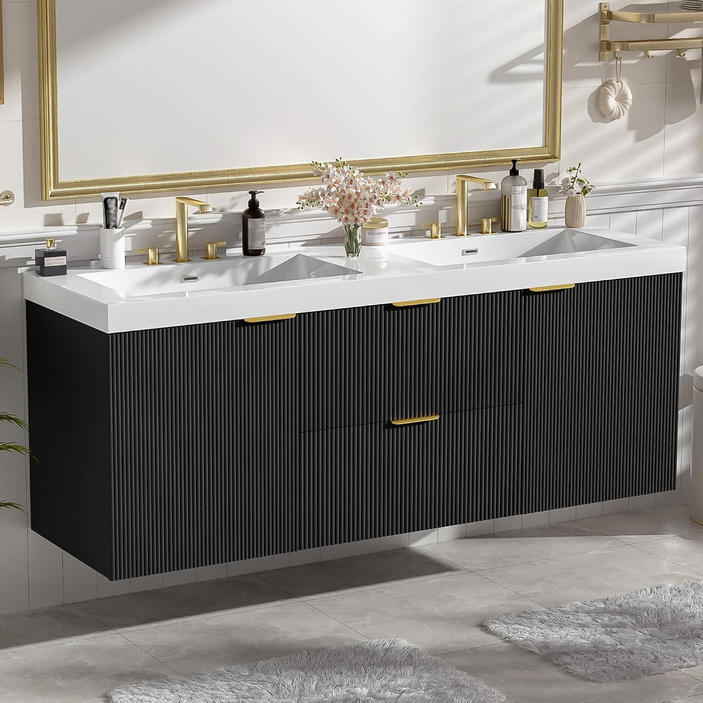 60' Bathroom Vanity with Sink Combo, Floating Double Sink Bathroom Vanity with SMC Resin Top, MDF Cabinet, Wall-Mounted Bath Room Vanities for Large Bathrooms (60''-Black)