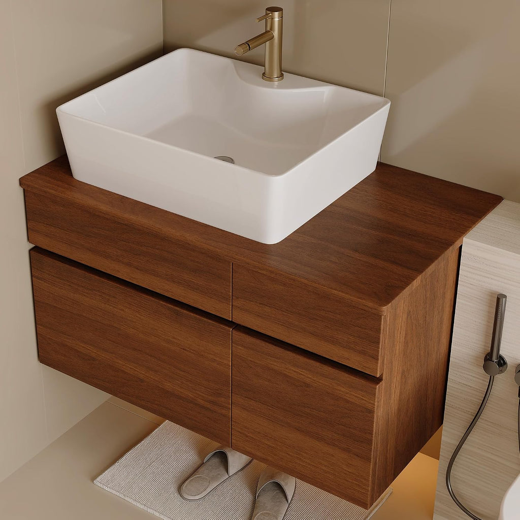 32' Floating Bathroom Vanity with Single Sink, Modern Wall Mounted Bathroom Vanities with Above Ceramic Basin, Wood Bathroom Vanity Cabinet with 1 Drawers and 2 Storage Cabinets, Walnut
