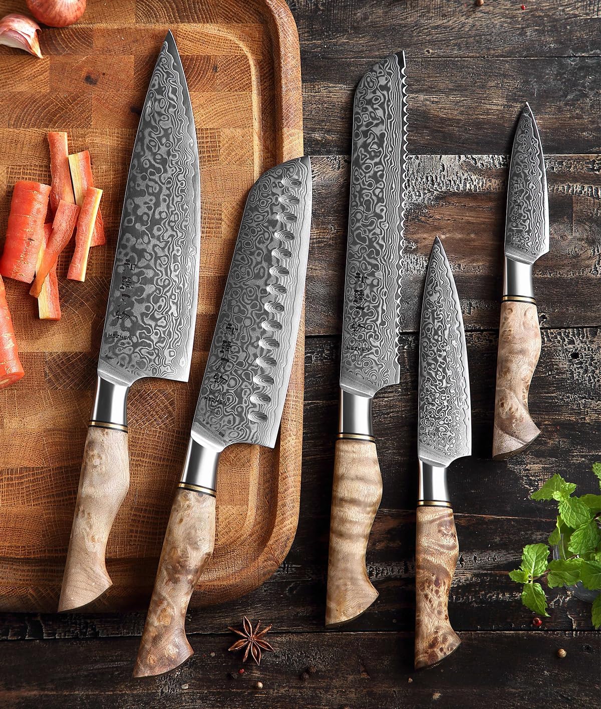 HEZHEN Damascus Kitchen Knives Set, Damascus Steel Japanese Style Chef Knife Utility Knife Santoku Knife,Figured Sycamore Wood Handle