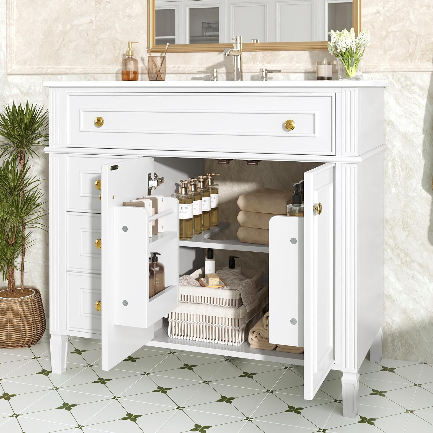 36' Bathroom Vanity Cabinet with Ceramic Countertop Sink Combo Set, Solid Wood Frame, Tilt-Out Drawers and Left Side Drawers, Soft Closing Door Hinges, Farmhouse Style, White