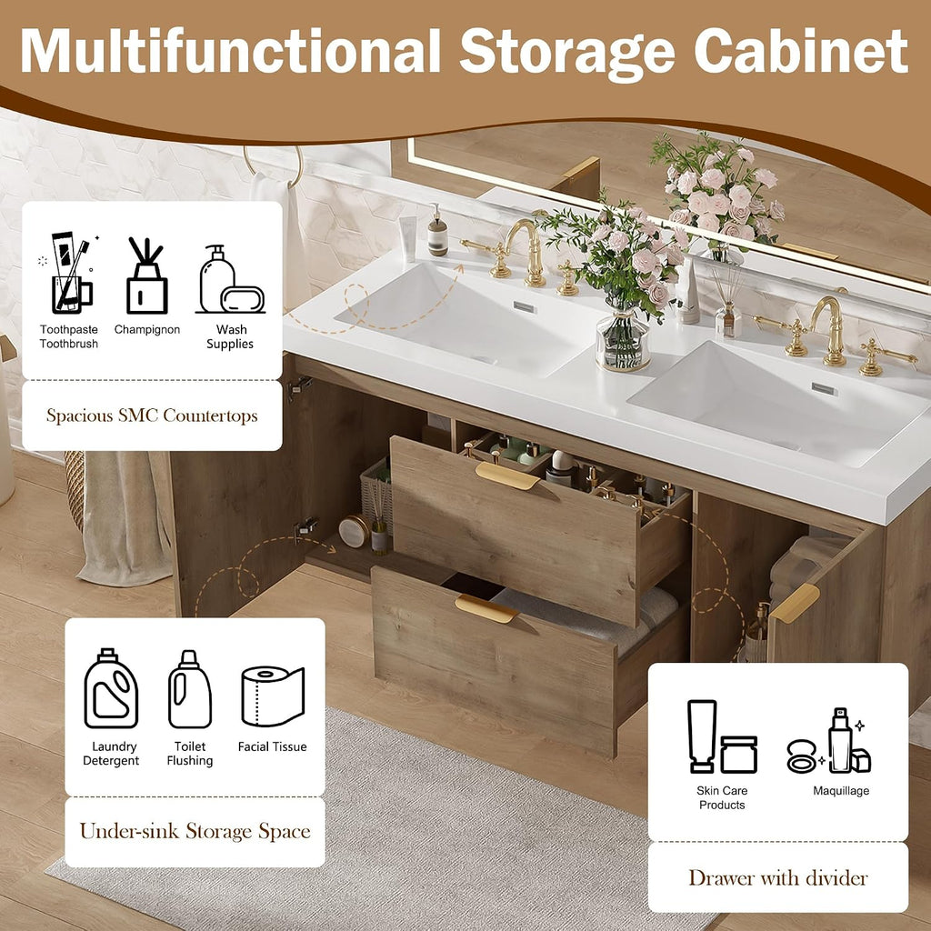 60'' Floating Bathroom Vanity with Sink, Wall-Mounted Cabinet with Drawer & Doors, SMC Resin Top Undermount Basin, Soft-Close, with Handle for Large Bathrooms
