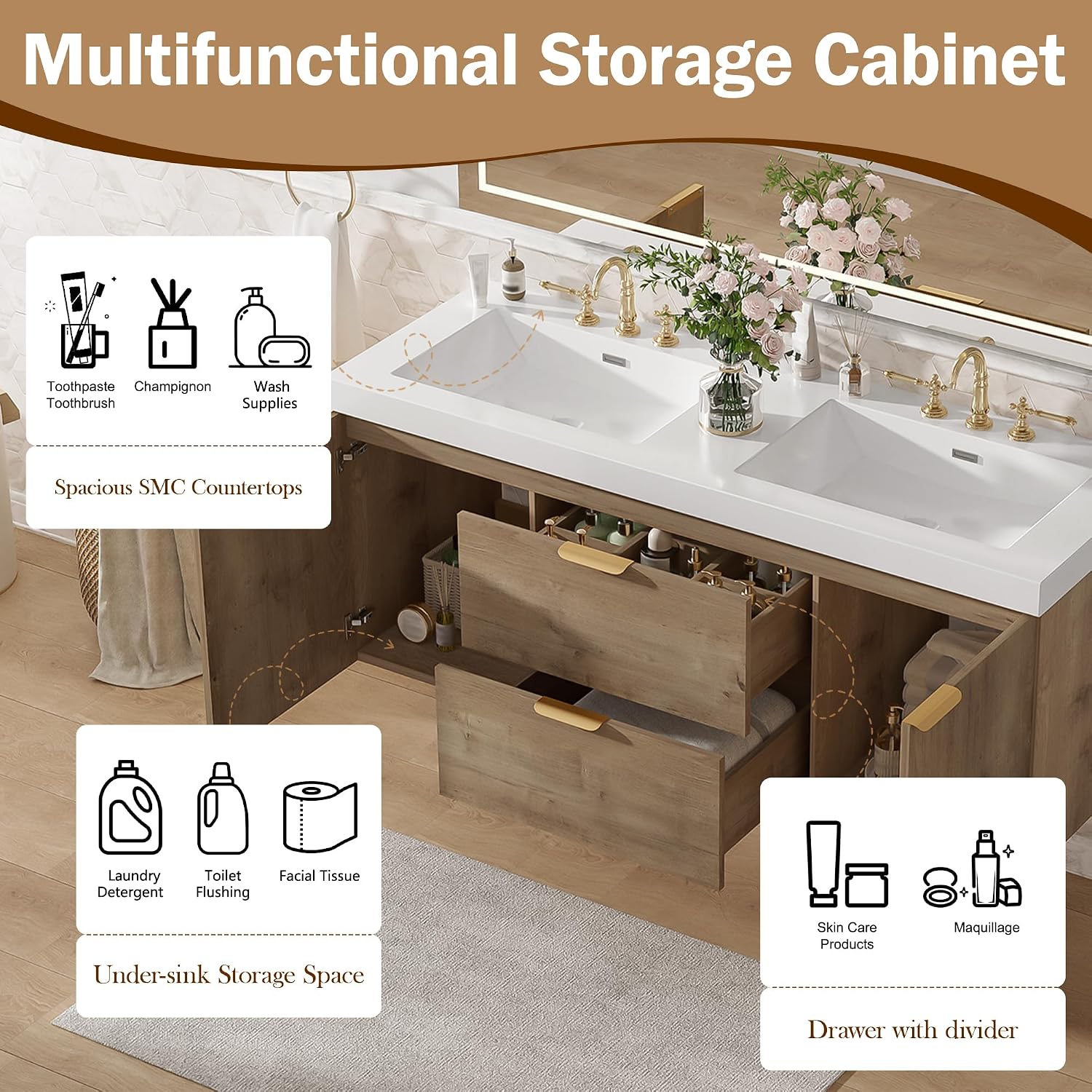 60'' Floating Bathroom Vanity with Sink, Wall-Mounted Cabinet with Drawer & Doors, SMC Resin Top Undermount Basin, Soft-Close, with Handle for Large Bathrooms