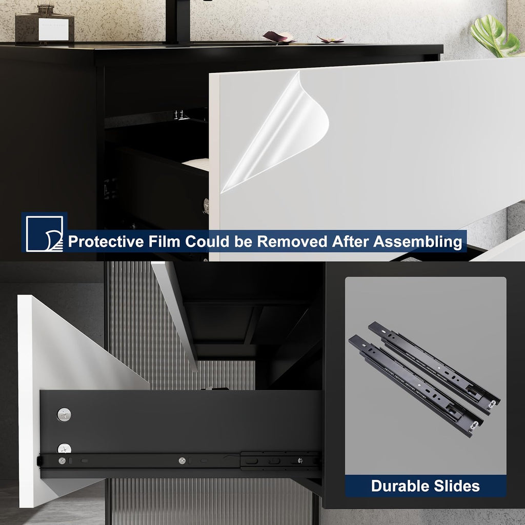 eclife 36' Bathroom Vanity Cabinet with Undermount Black Sink Combo, Wall Mounted Floating Bathroom Cabinet with Colors Mixed Style, 2 Big Drawers & Matte Black Faucet