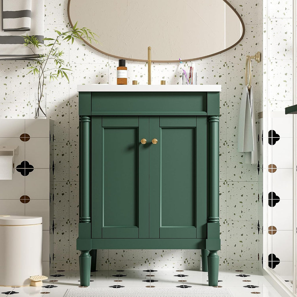 24' Vintage Bathroom Vanity with Sink Mid-Century Bathroom Vanity with 2 Soft-Close Doors & 2-Tier Adjustable Shelf Freestanding Bathroom Storage Cabinet with Roman Column Base & Metal Handles,Green