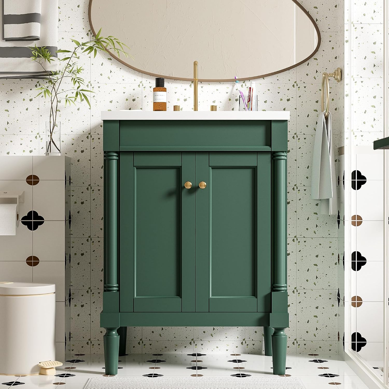 24' Vintage Bathroom Vanity with Sink Mid-Century Bathroom Vanity with 2 Soft-Close Doors & 2-Tier Adjustable Shelf Freestanding Bathroom Storage Cabinet with Roman Column Base & Metal Handles,Green