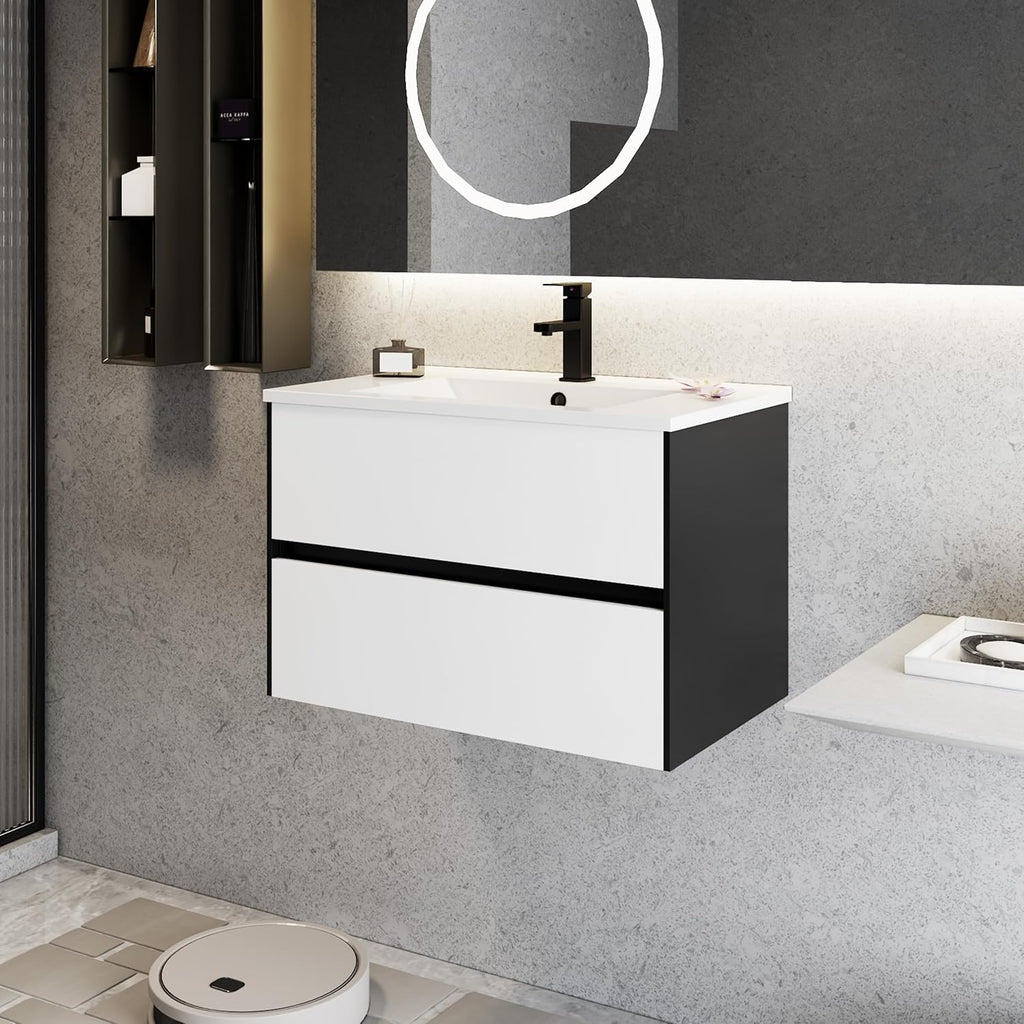 eclife 30' Bathroom Vanity Cabinet with Undermount White Sink Combo, Wall Mounted Floating Bathroom Cabinet with Colors Mixed Style, 2 Big Drawers & Matte Black Faucet