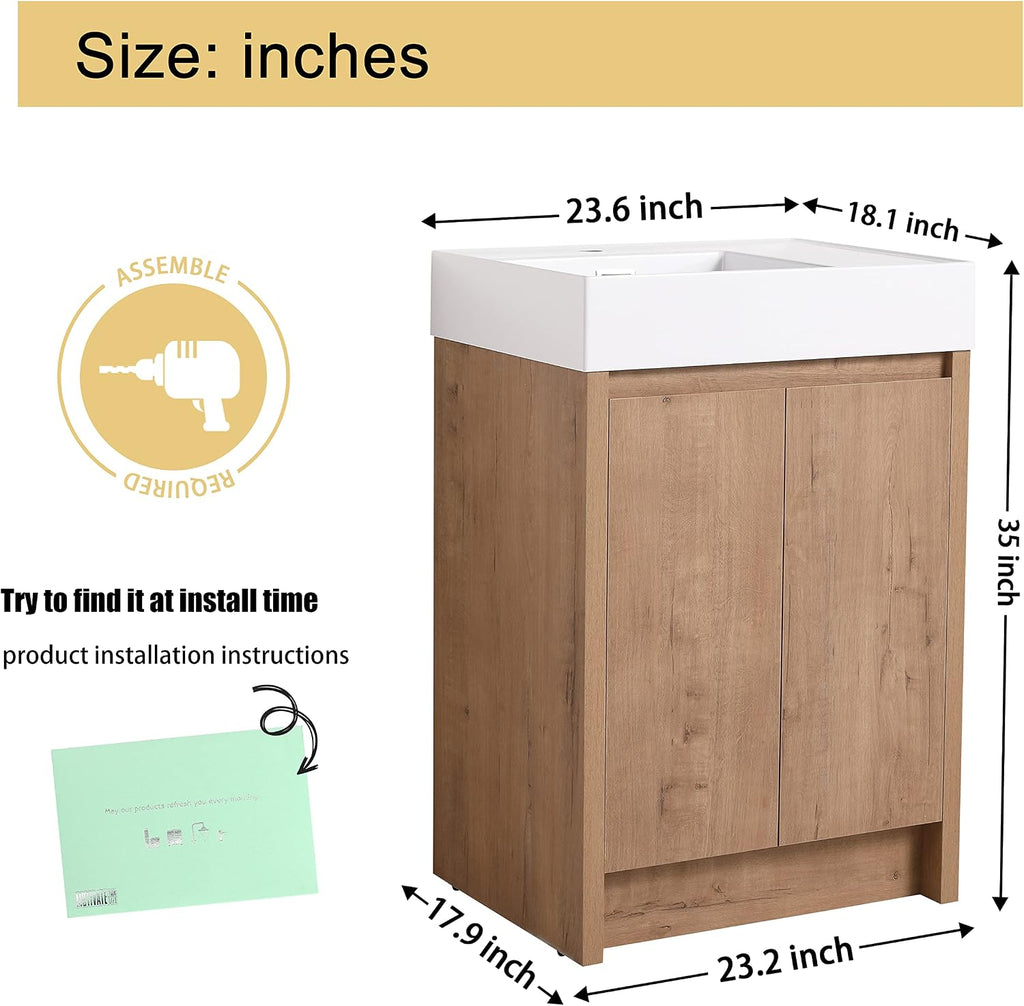 Malwee 24 Inch Freestanding Bathroom Vanity with Sink, 24'' Floor Standing Bathroom Vanity, Modern Vanity with 2 Doors and White Resin Basin Sink Top (036-24)
