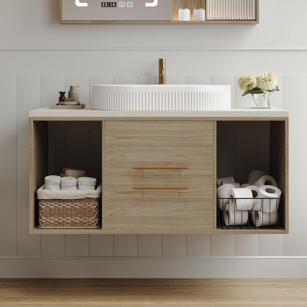 40' Bathroom Vanity with Sink Set, Modern Oak Wall Mounted Bathroom Vanity Cabinet with Above Oval Ceramic Sink,Gold Handle 2 Drawers & 2 Open Storage, Single Sink Floating Bathroom Vanity