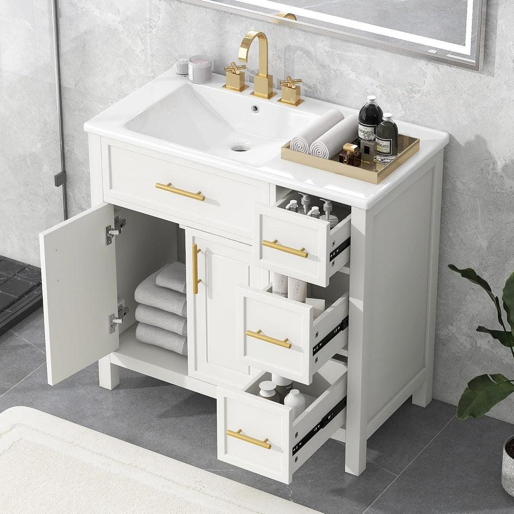 LUMISOL 36' Bathroom Vanity with Offset Sink, Freestanding Bathroom Sink Cabinet with 3 Drawers & 2 Doors, Solid Wood Bathroom Vanity with Offset Ceramic Sink, White
