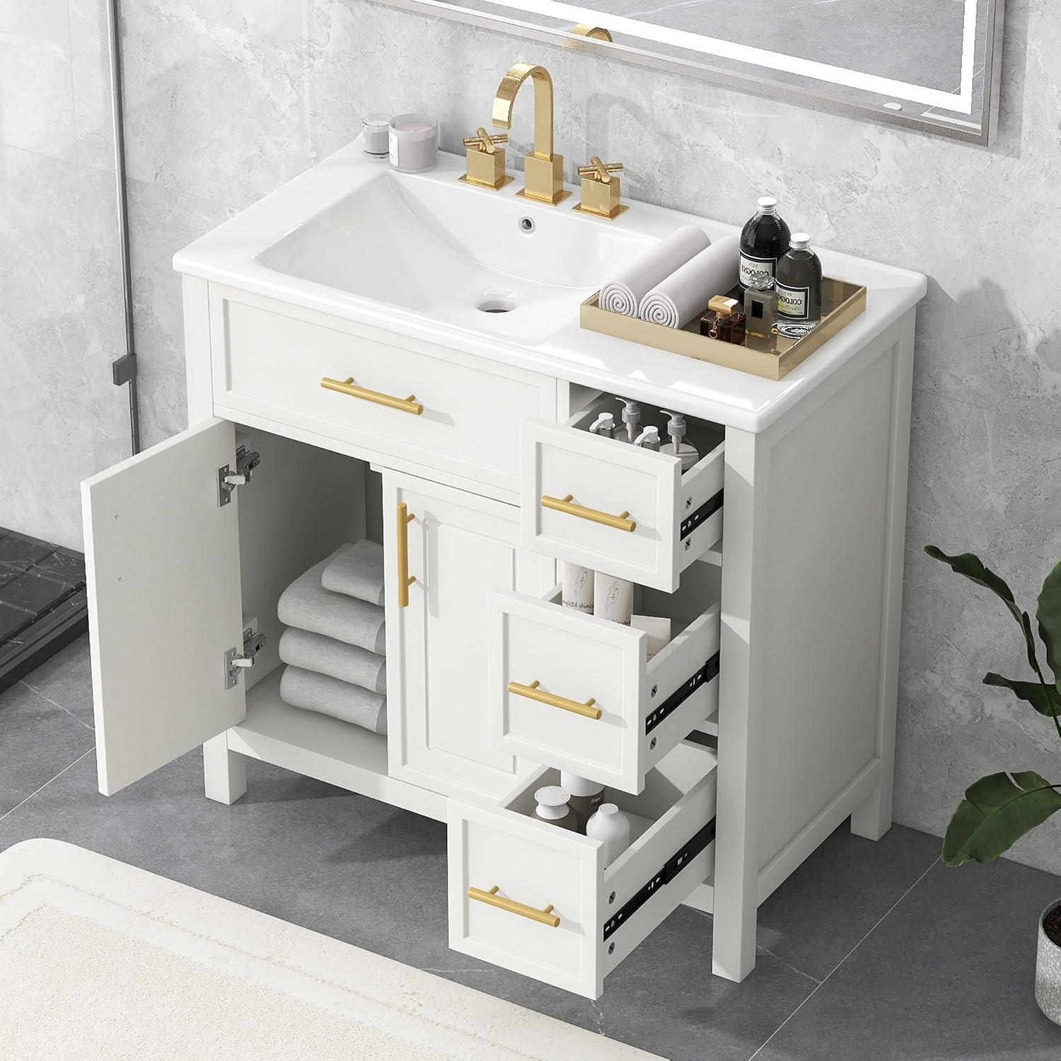 LUMISOL 36' Bathroom Vanity with Offset Sink, Freestanding Bathroom Sink Cabinet with 3 Drawers & 2 Doors, Solid Wood Bathroom Vanity with Offset Ceramic Sink, White